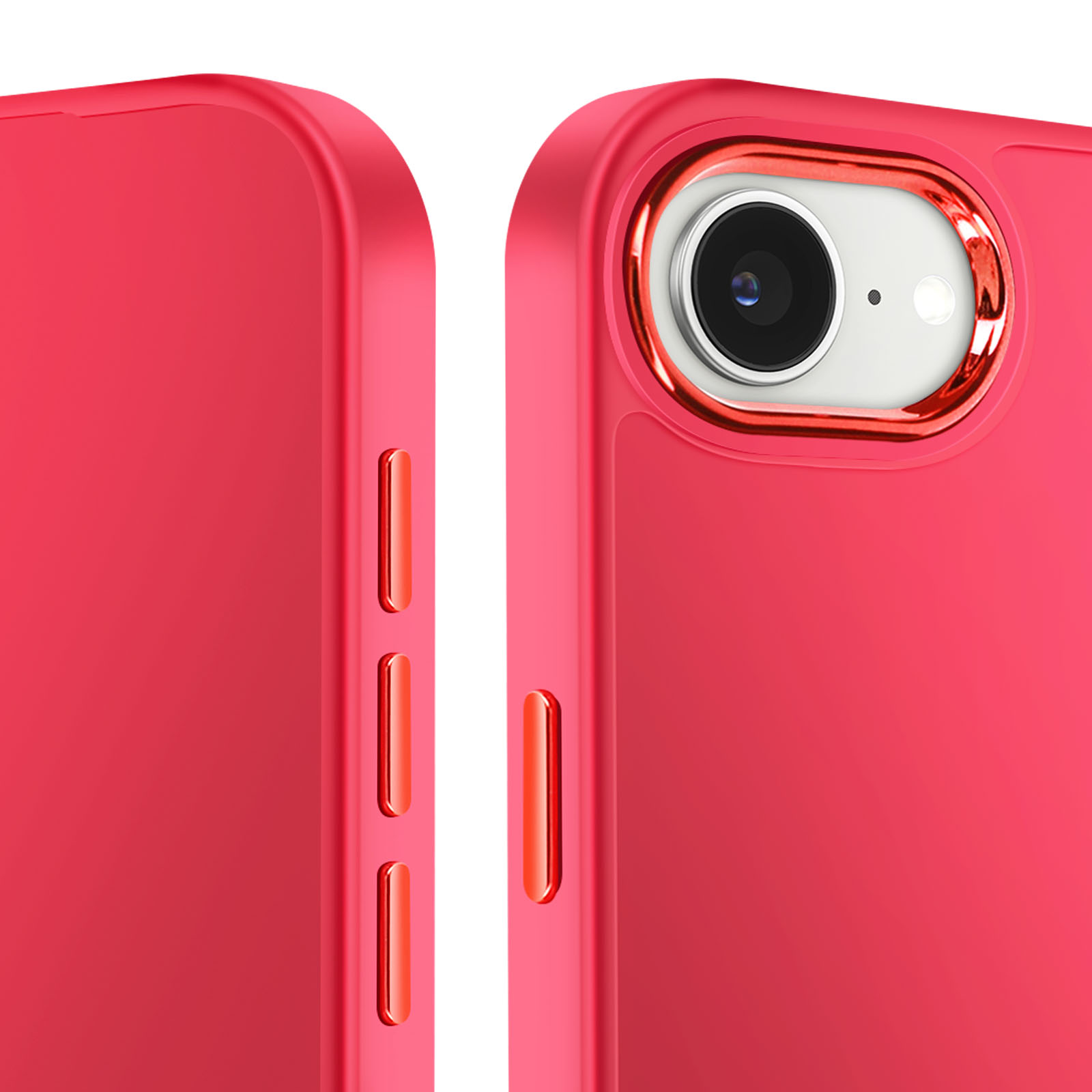 Primo piano di una custodia rossa per telefono con dettagli metallici. Include fotocamera e pulsanti. Sfondo bianco.