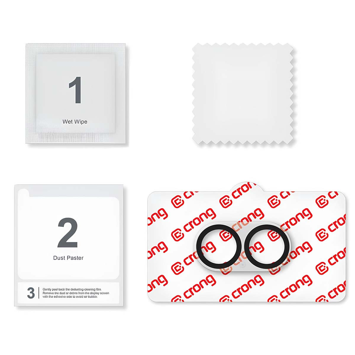 De afbeelding toont een vochtig doekje, een stofverwijderaar, een schoonmaakdoekje en een screenprotector kit, met instructies en merknamen.