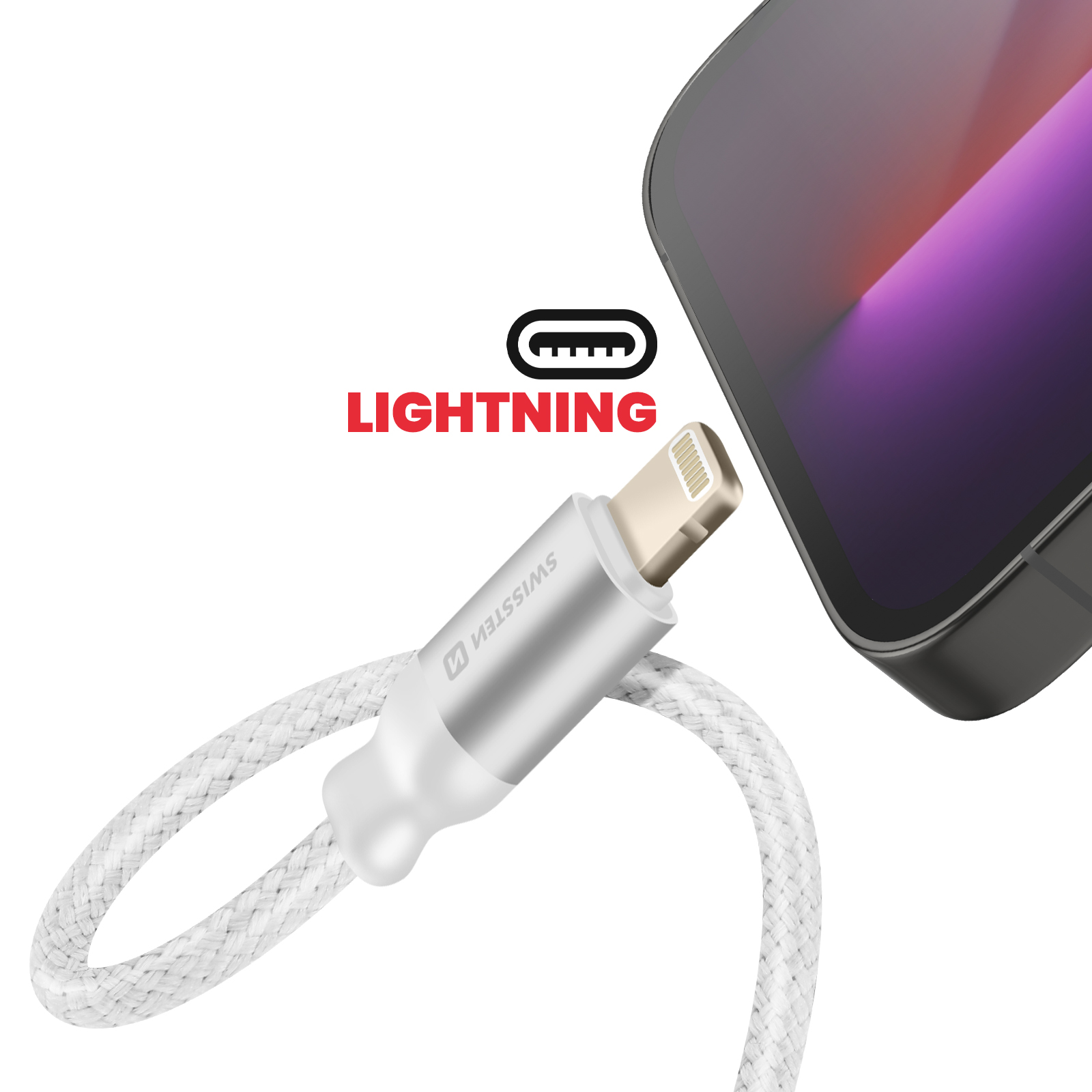 Un câble Lightning blanc connecté à un téléphone. Le mot LIGHTNING est au-dessus de l'icône du câble.