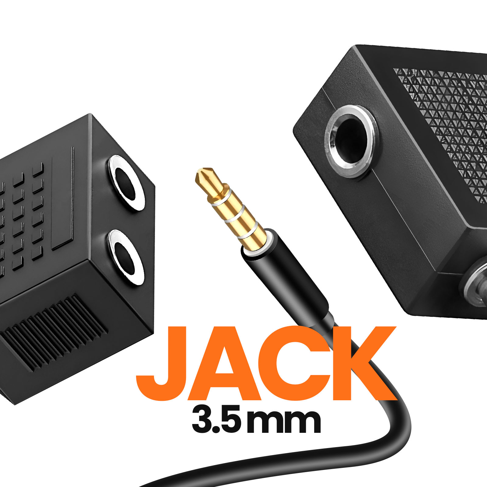 L'immagine mostra un adattatore jack audio e un jack da 3,5 mm. Gli adattatori sono neri con anelli argentati. Il jack è dorato.