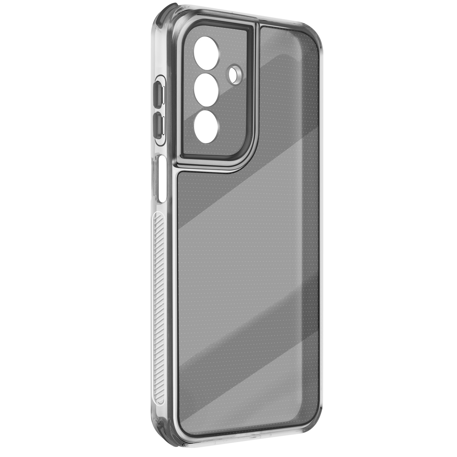 Custodia trasparente per telefono. Ha fori per fotocamera e pulsanti. Il retro ha un sottile motivo a pois.