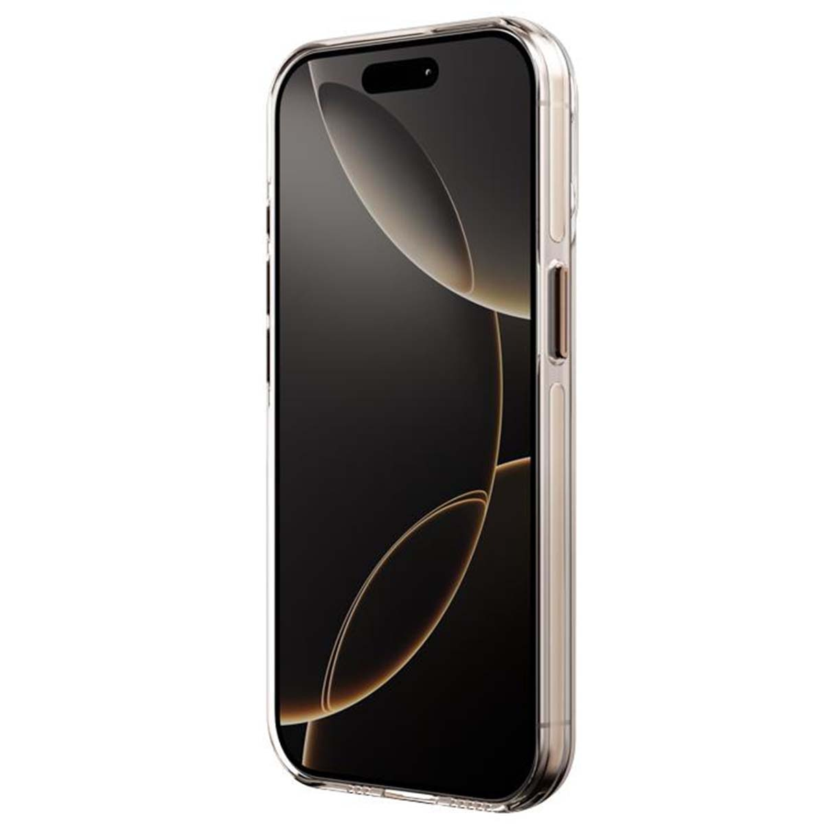 Uno smartphone in una custodia trasparente. Il telefono ha uno schermo nero con vortici dorati. La custodia ha una cornice trasparente.