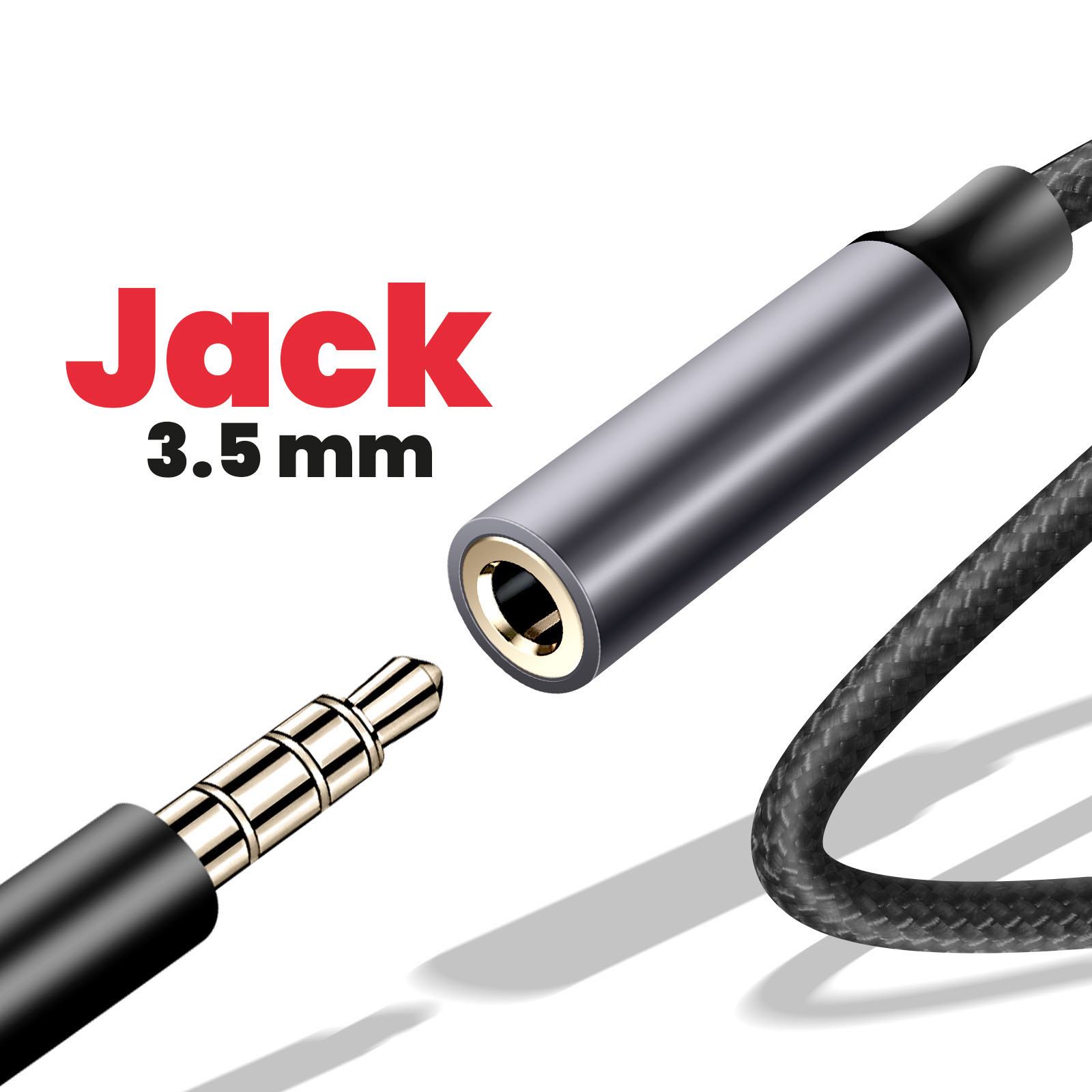L'immagine mostra un jack da 3,5 mm con alloggiamento in metallo. Il jack è nero. Il testo 'Jack 3.5 mm' è rosso e nero.