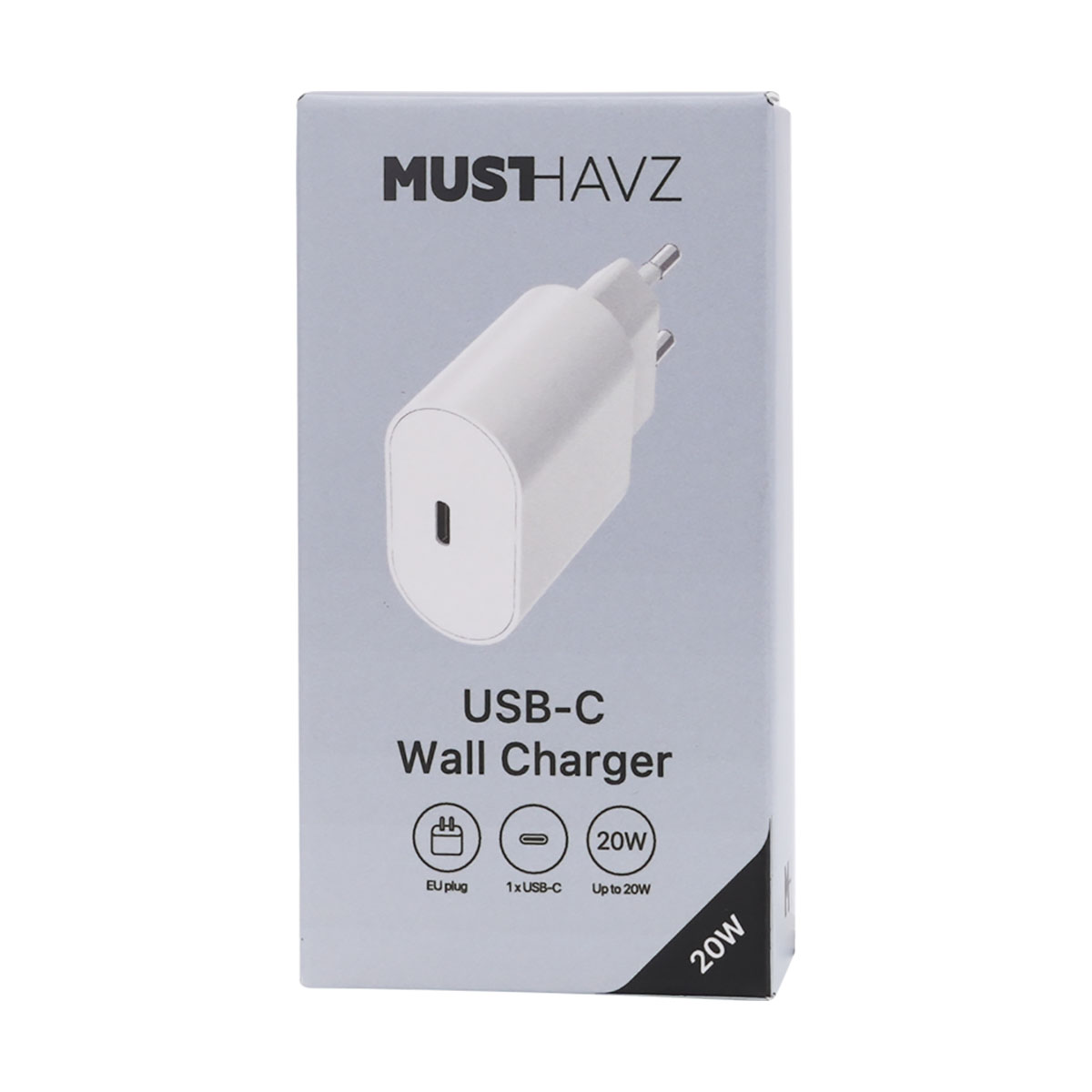 Un caricabatterie da muro USB-C bianco è esposto su una scatola grigio chiaro. Il testo include 'MUSHAVZ', 'Caricabatterie da muro USB-C' e '20W'.