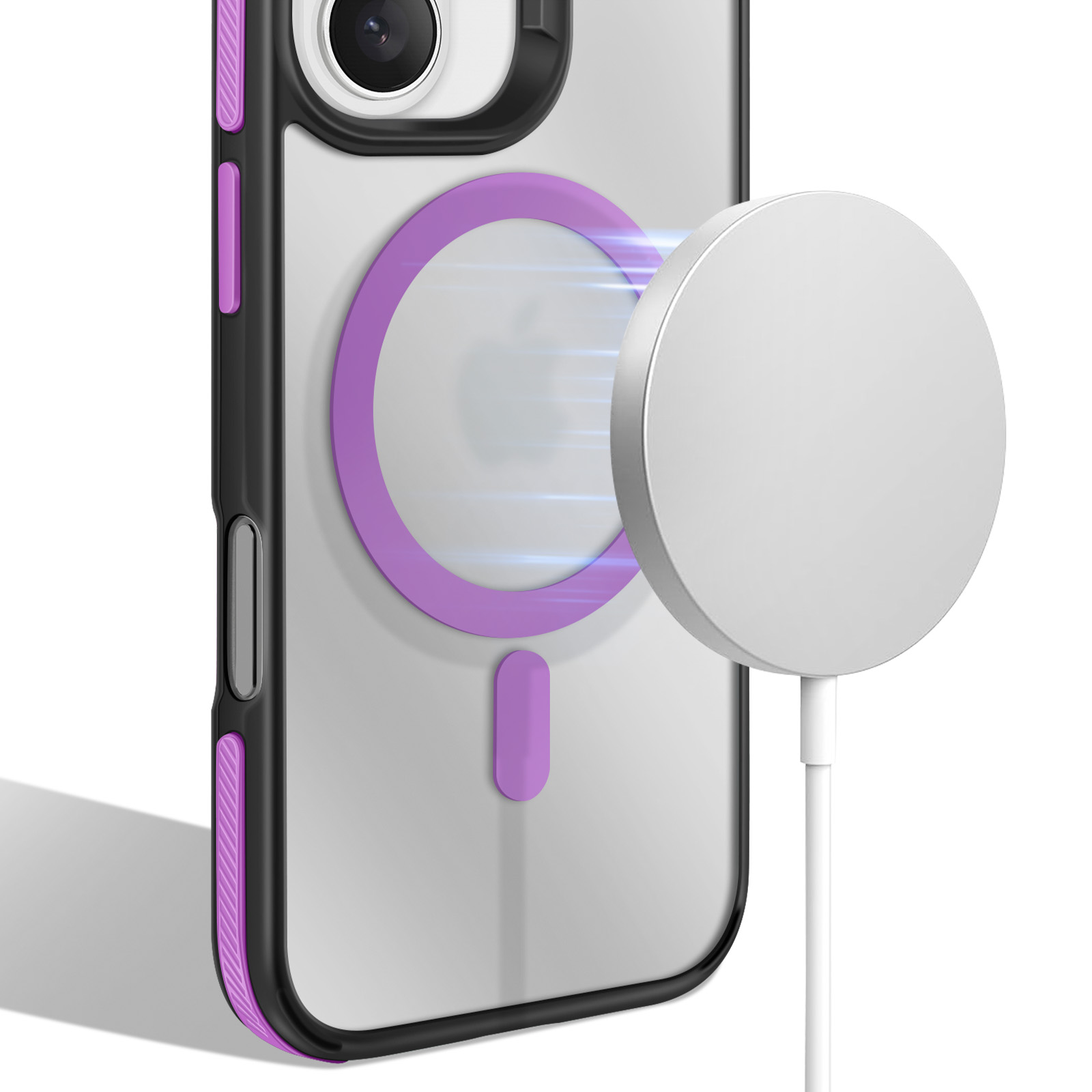 Una custodia per telefono con un anello viola e un caricabatterie MagSafe. La custodia è nera e viola. Il caricabatterie è bianco.