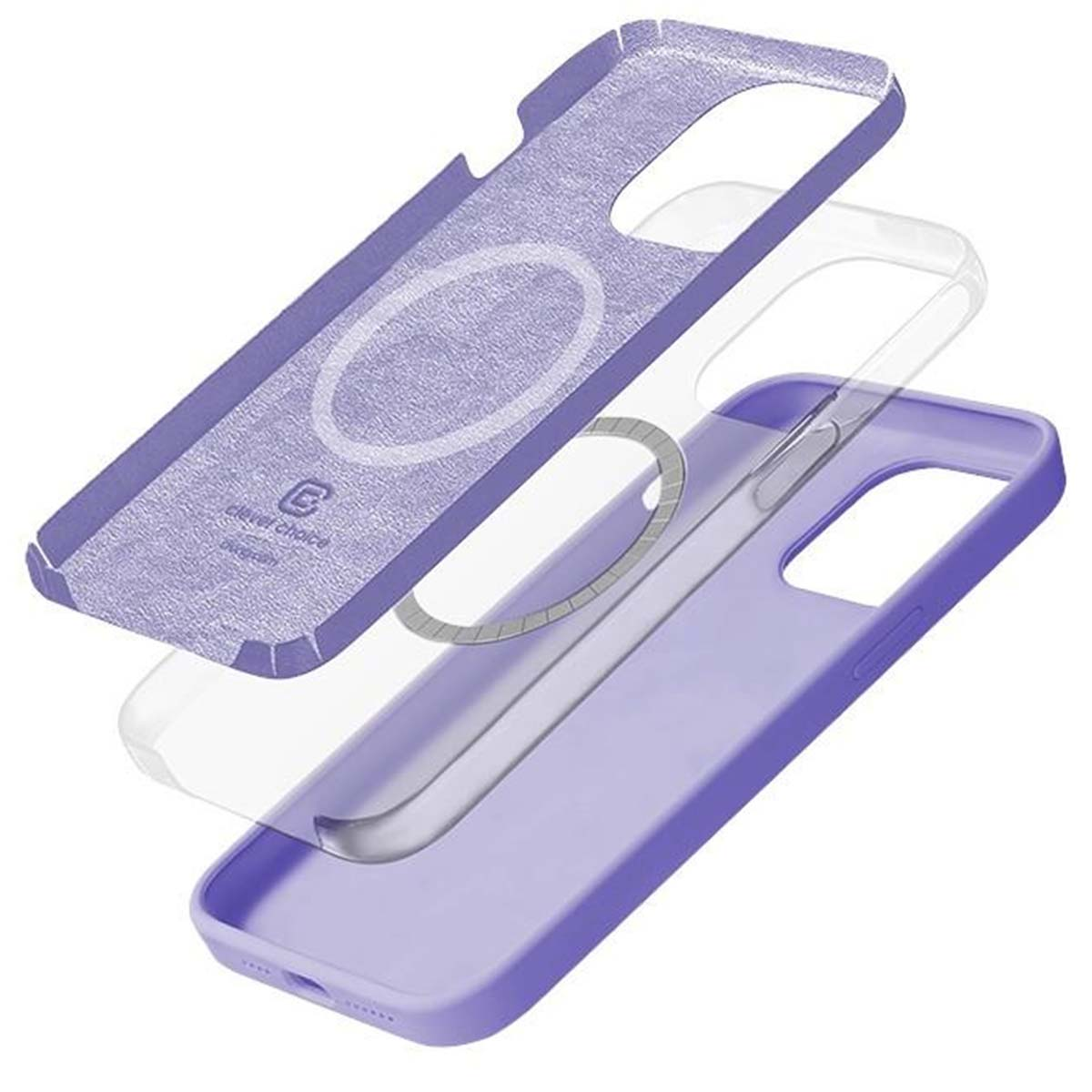 Custodia per telefono a tre strati. Strato esterno color lavanda, strato intermedio trasparente e strato interno lavanda testurizzato. Leggermente separati.