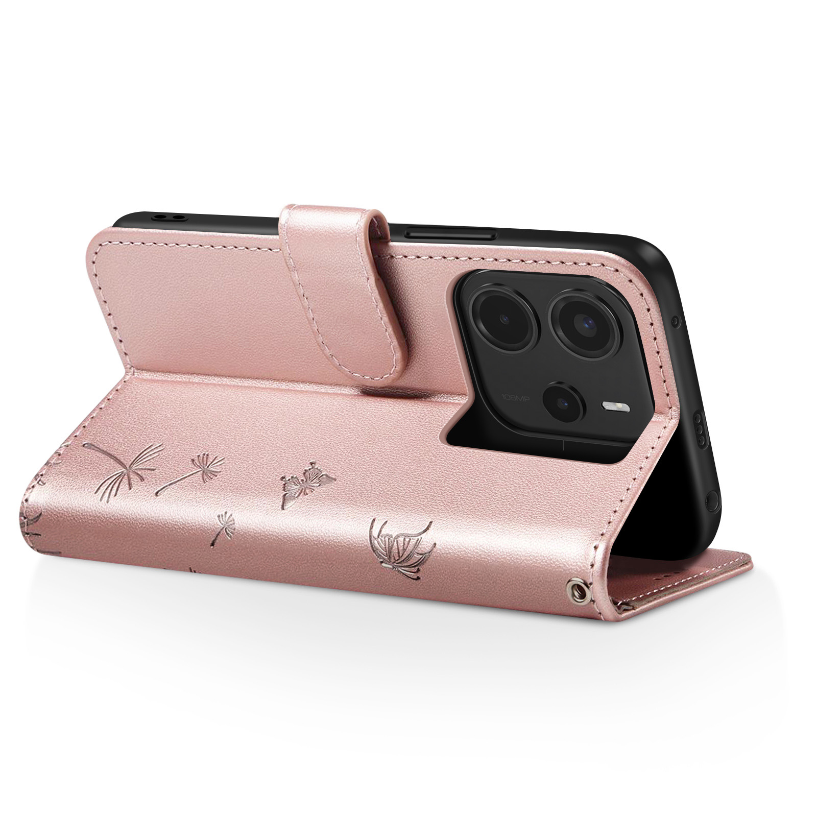 Una custodia rosa per telefono è aperta con un telefono all'interno. Ha un design a farfalla e fiori sulla copertina.