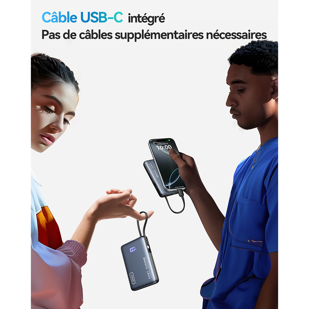 Dos personas demuestran cómo cargar un teléfono con un banco de energía. Uno sostiene el teléfono, el otro un banco de energía, el texto indica cable USB-C.