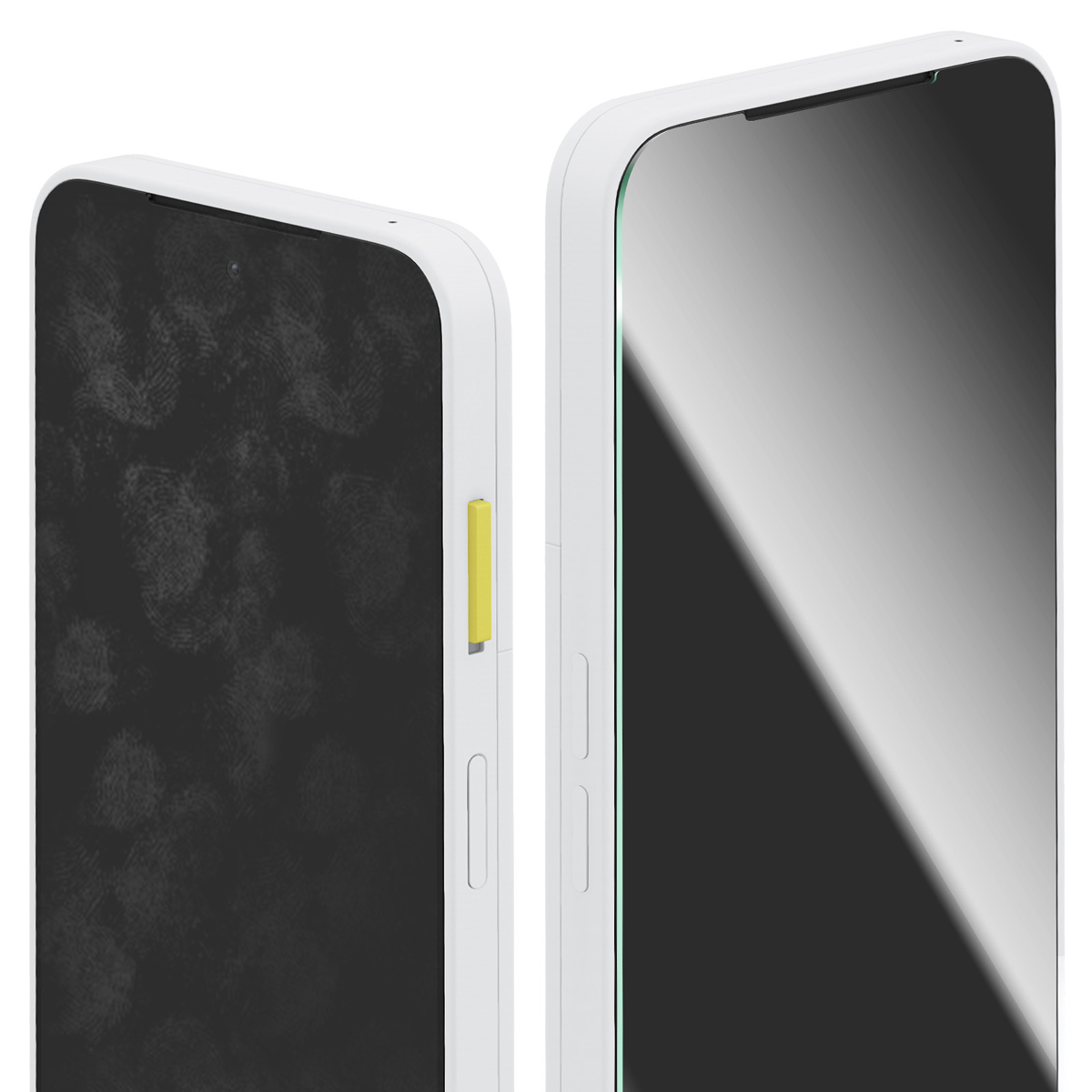 Twee witte smartphones. Eén toont vingerafdrukken op een zwart scherm. De andere heeft een leeg scherm.