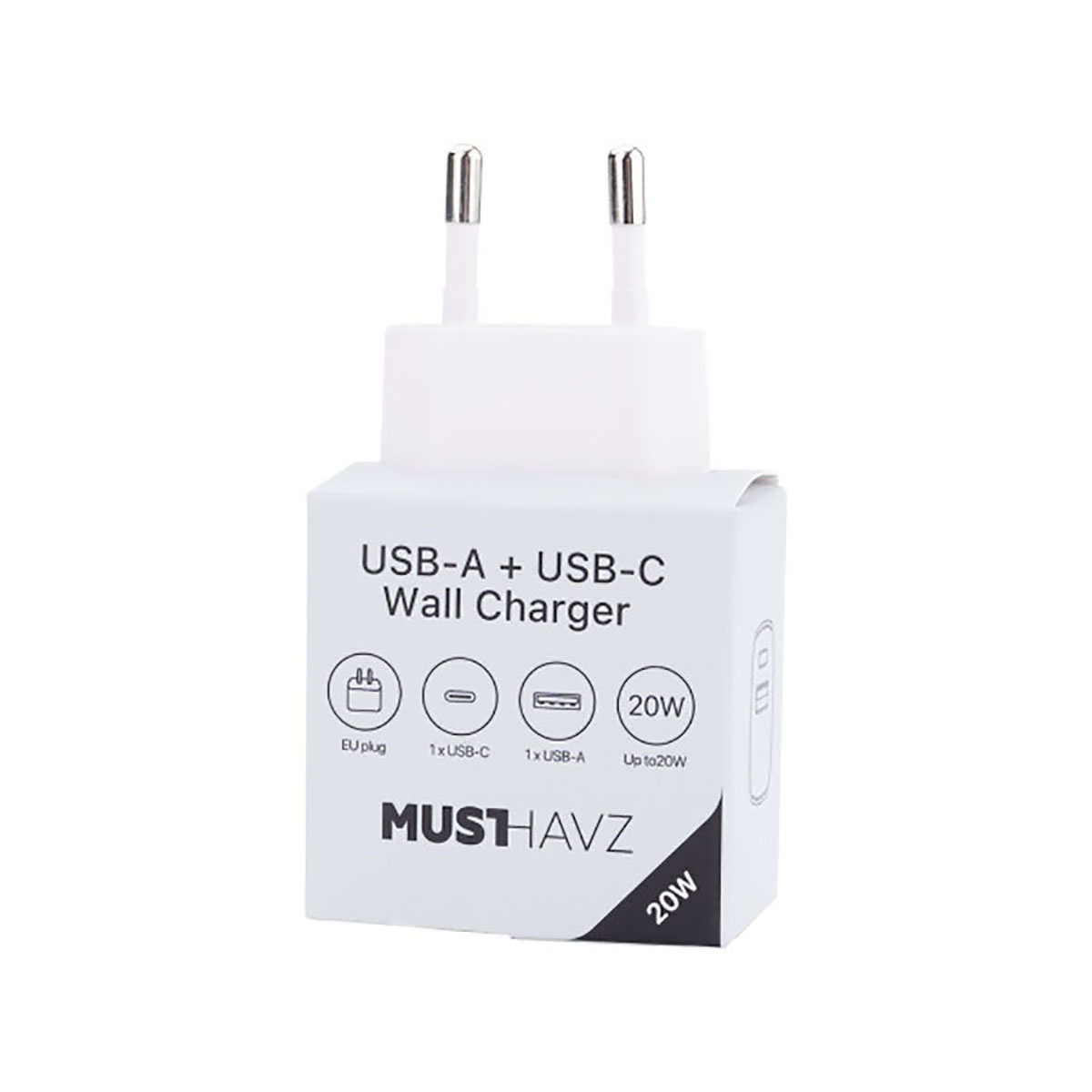 Un caricatore da parete USB-A + USB-C bianco con spina europea. Ha un'uscita da 20W. Il marchio è MUSTHAVZ.