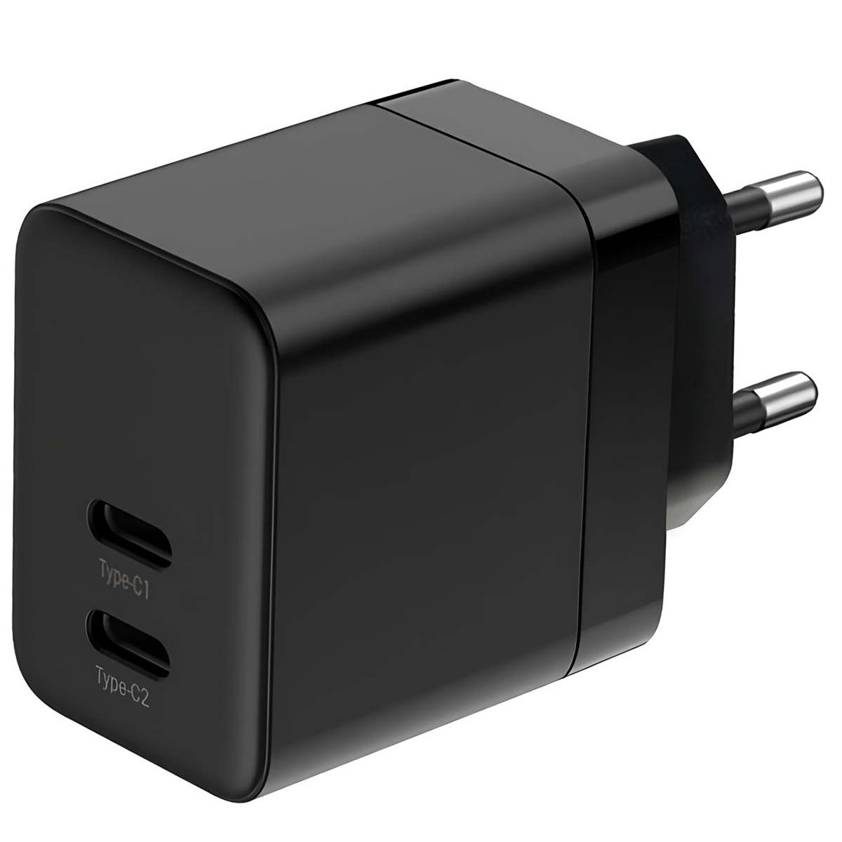 Un adaptateur de chargeur USB-C noir avec deux ports étiquetés Type-C1 et Type-C2, a une prise à deux broches.