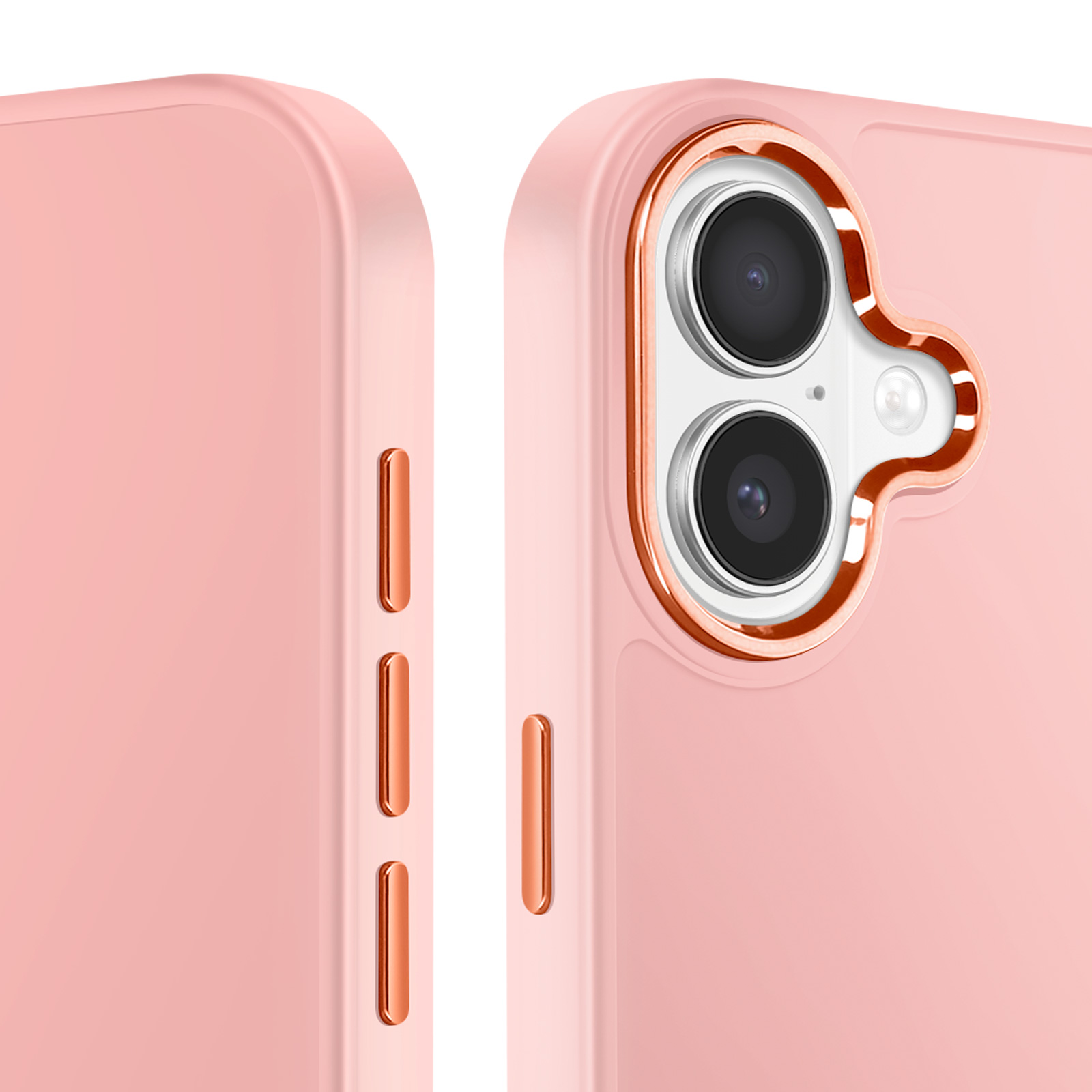 Primo piano di una custodia rosa per telefono con dettagli dorati attorno alla fotocamera e ai pulsanti.