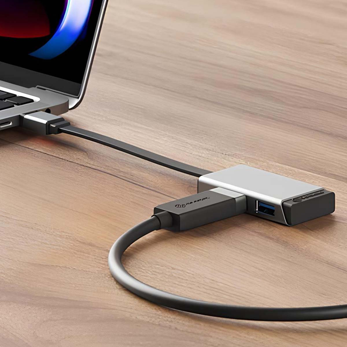 Una laptop conectada a un hub USB plateado por cable negro. El hub descansa sobre una superficie de madera.