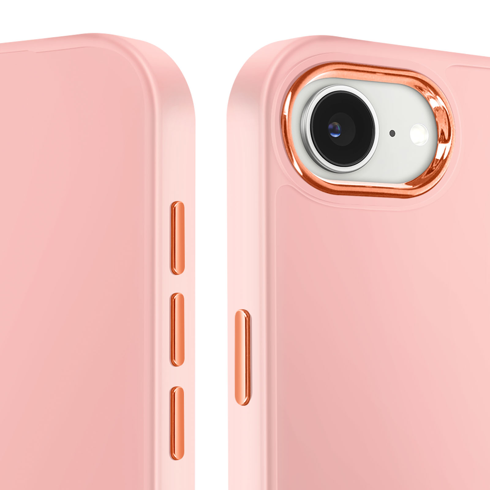 Primo piano di una custodia rosa per telefono con accenti color rame. Obiettivo della fotocamera e pulsanti laterali visibili. Sfondo bianco.