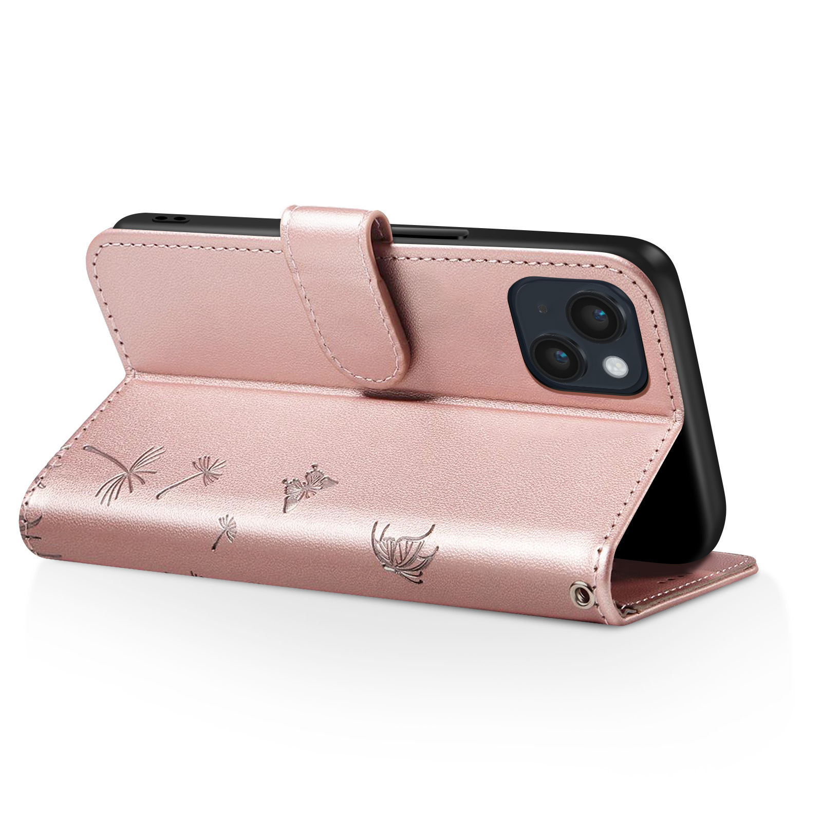 Una custodia per telefono oro rosa è aperta, rivelando un telefono nero. La custodia ha disegni floreali in rilievo e una chiusura magnetica.