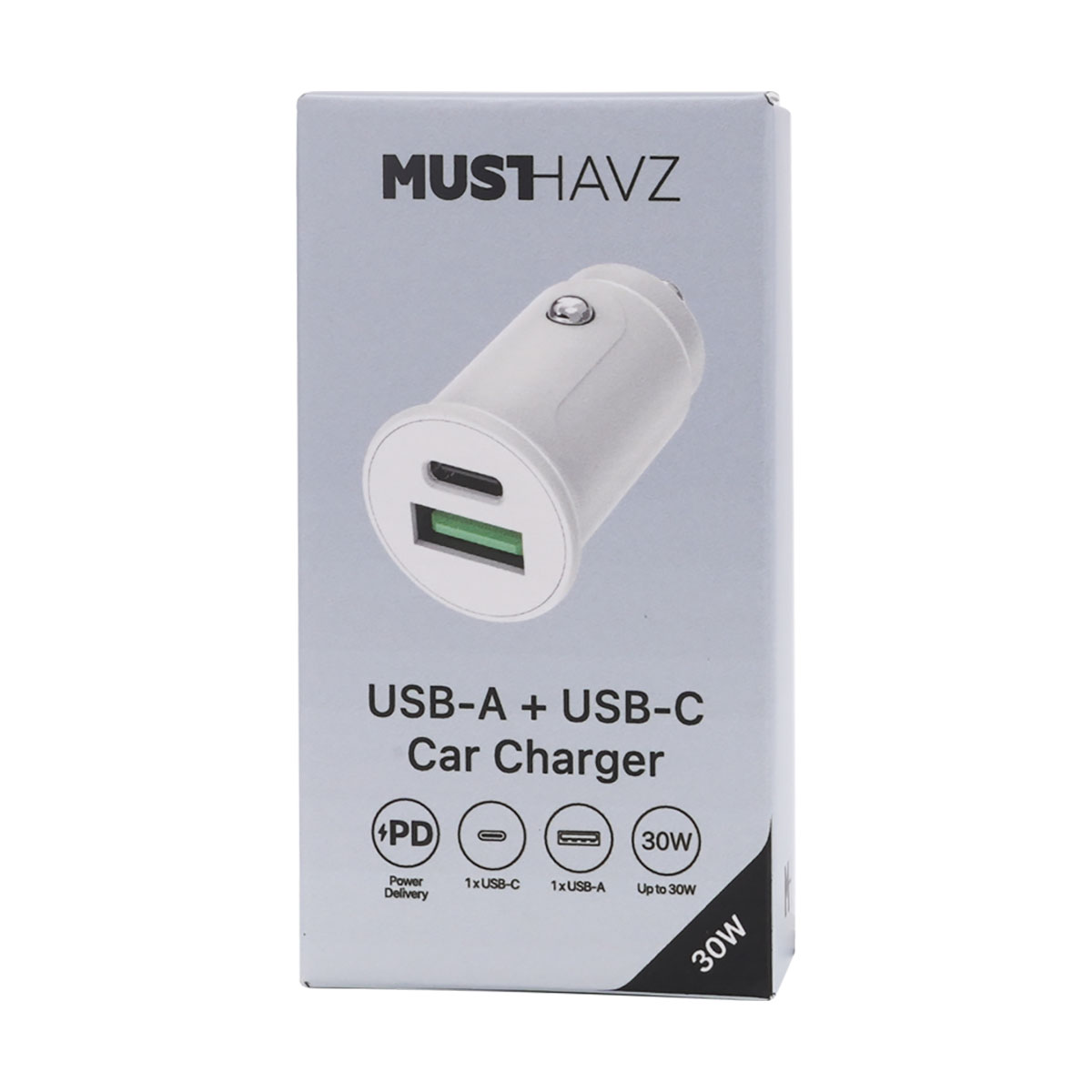 Ein weißes Autoladegerät mit USB-A- und USB-C-Anschlüssen befindet sich auf einer Box. Text lautet MUSTHAVZ, USB-A + USB-C Car Charger und 30W.