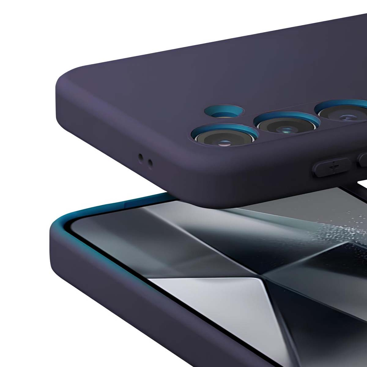 Primo piano di una custodia per telefono. La custodia viola scuro è leggermente sollevata, rivelando uno schermo del telefono sottostante.