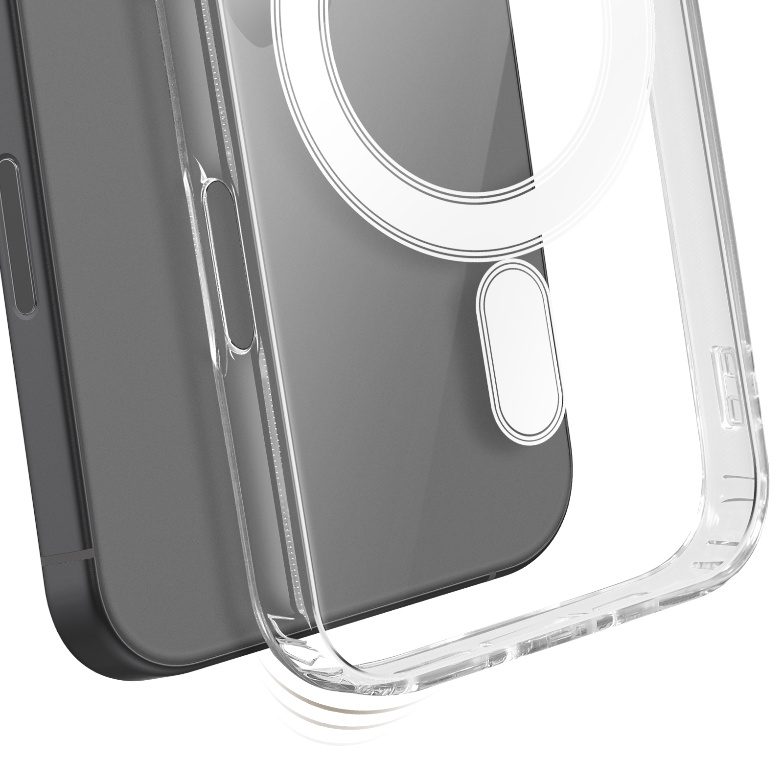 Coque de téléphone transparente avec cercle blanc et accents rectangulaires, obscurcissant partiellement un téléphone gris.