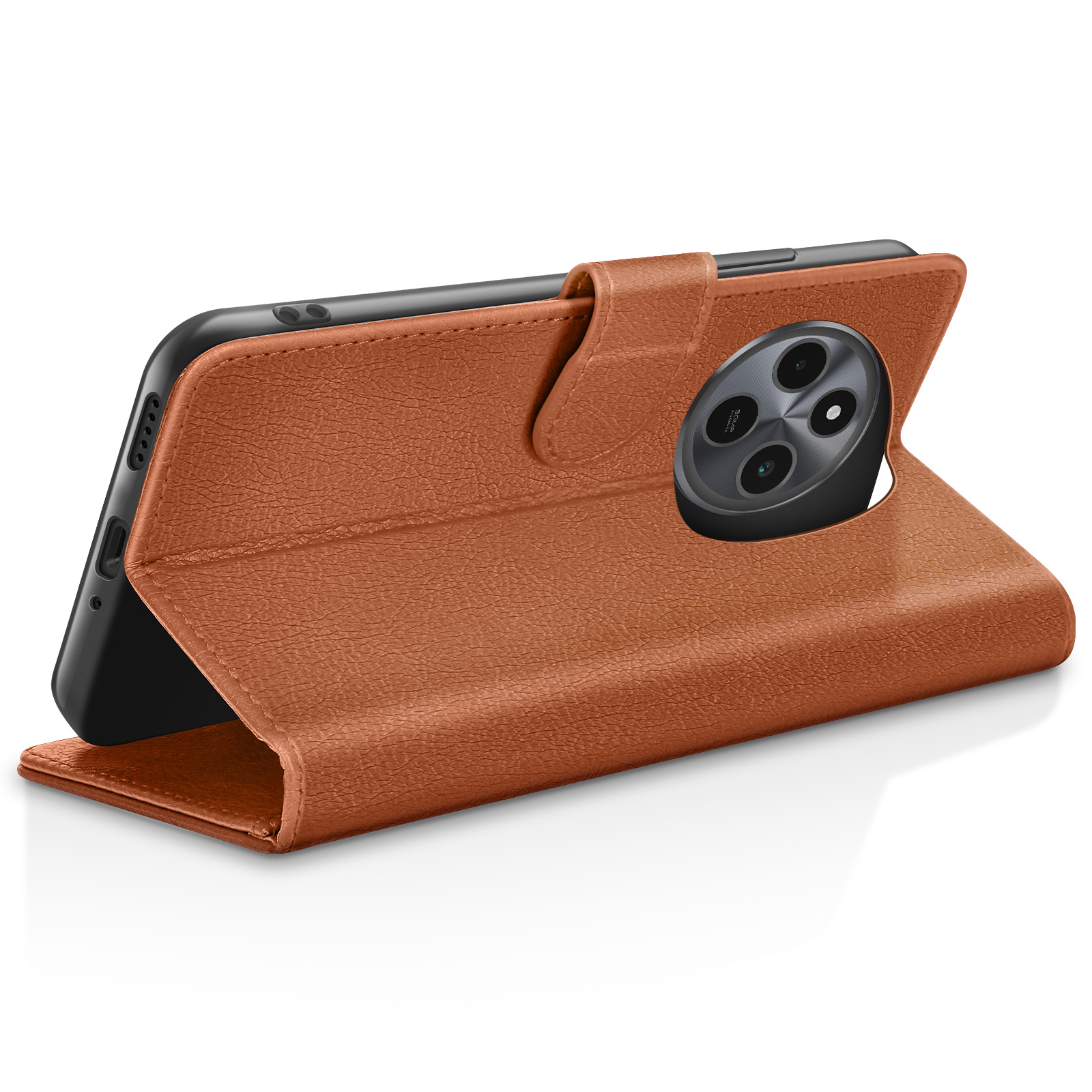 Un étui de téléphone en cuir marron est soutenu, montrant l'écran du téléphone. L'étui a une surface texturée.