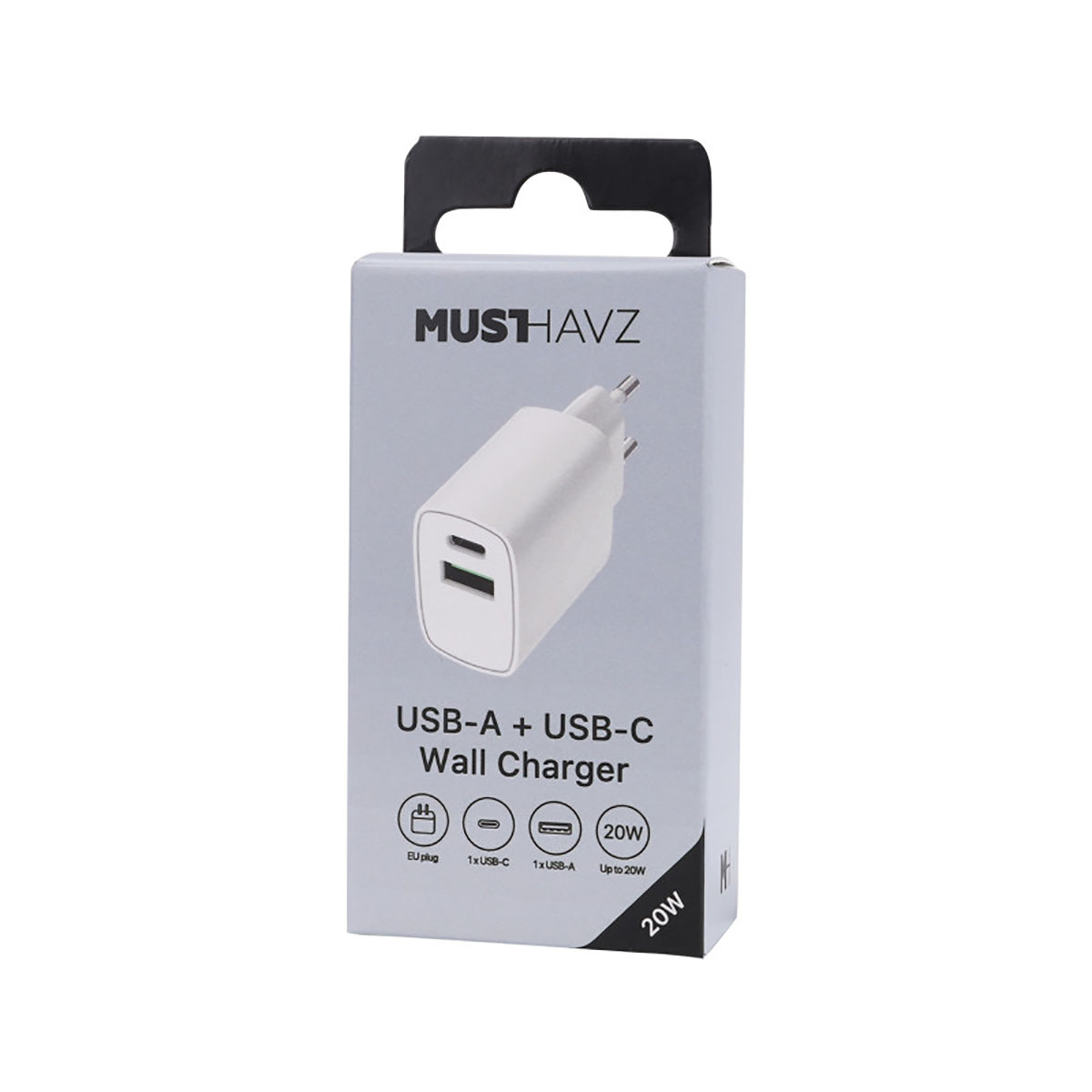 Un caricabatterie da parete USB-A + USB-C bianco nella sua scatola. Il testo dice MUSTHAVZ, Wall Charger, 20W e spina UE.