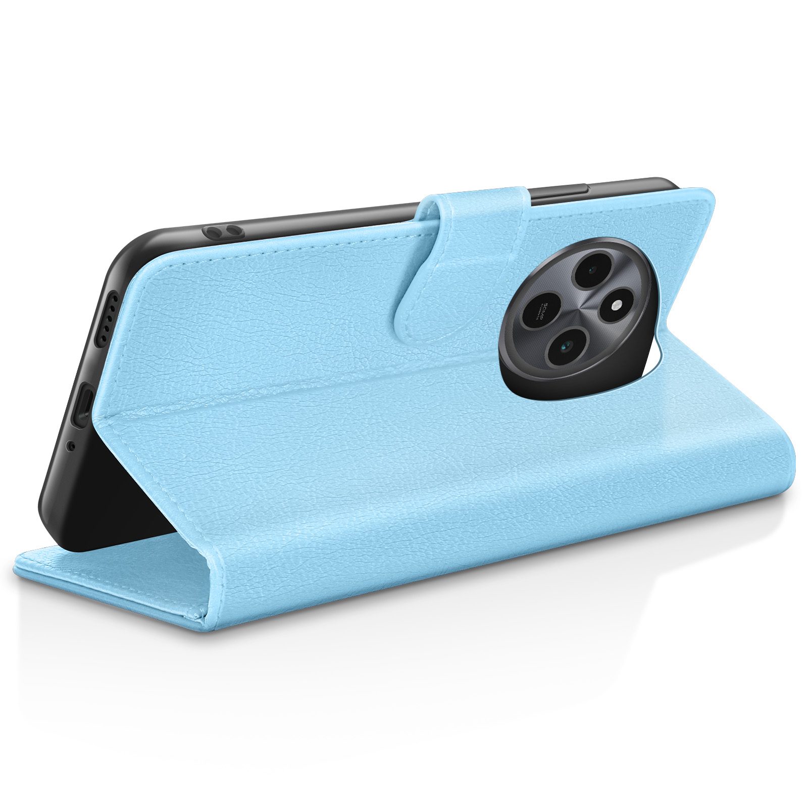 Een lichtblauwe telefoonhoes met een telefoon erin. De hoes is open en toont de camera en het scherm van de telefoon.