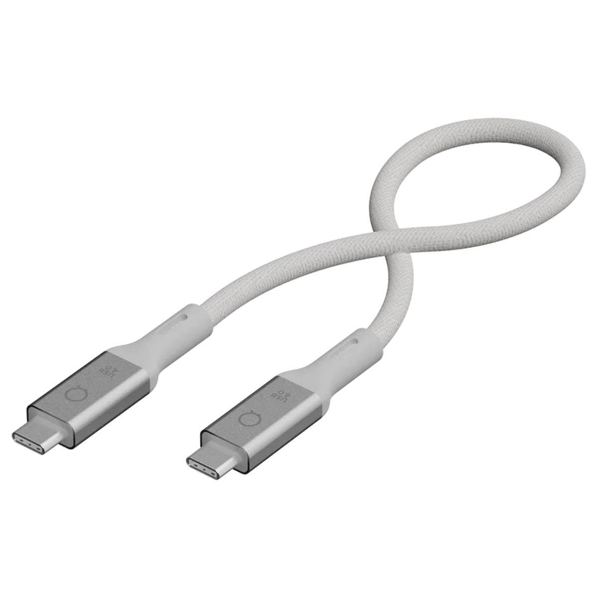 Un cavo USB-C bianco con connettori argentati. Il cavo è ad anello. I connettori hanno contrassegni USB 4.0.