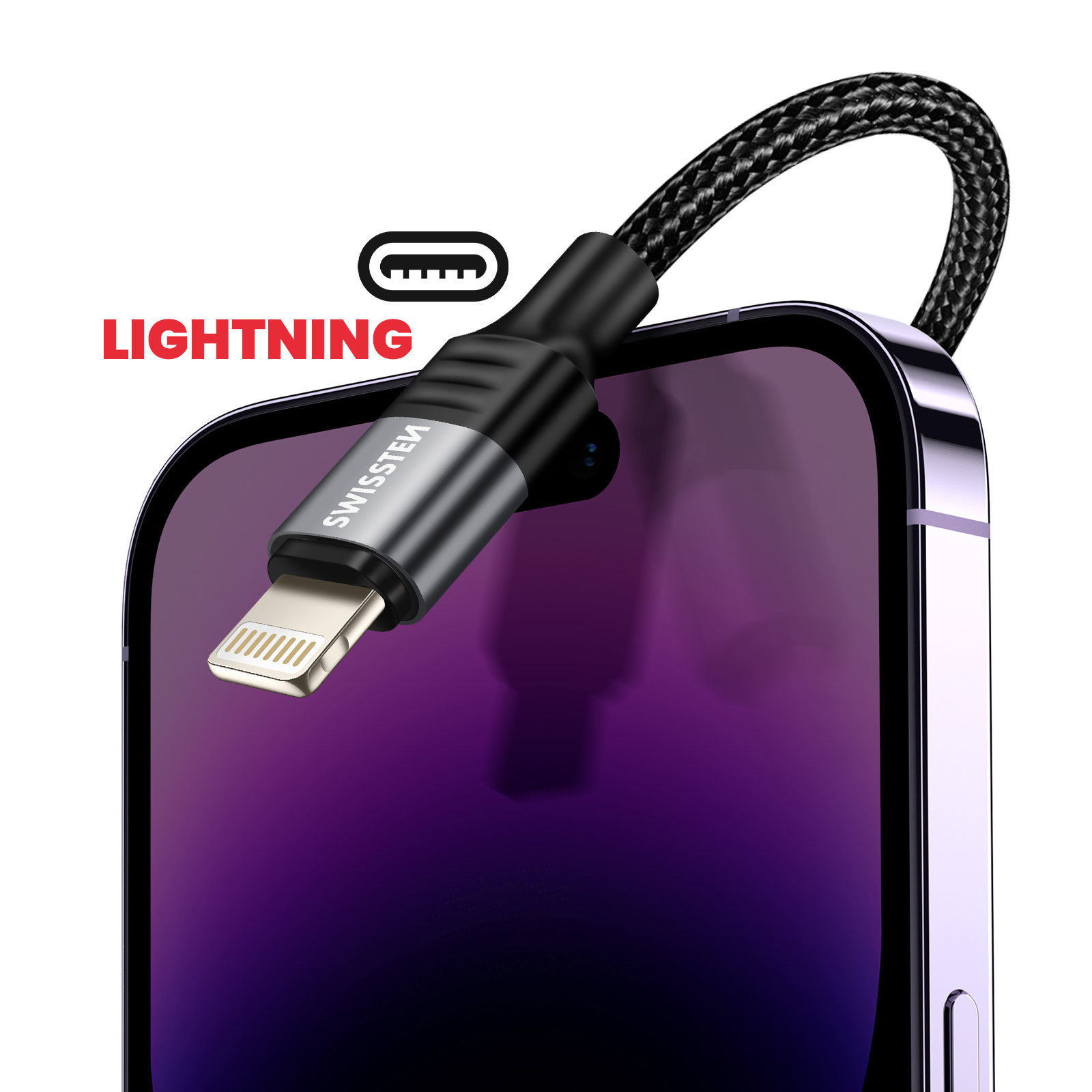 Un téléphone avec un câble de chargement noir sur lequel est écrit "SWISSTEK". Le câble est connecté au téléphone.