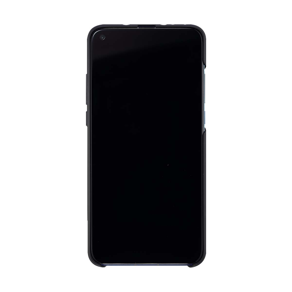 Uno smartphone nero con schermo nero su sfondo bianco. Il telefono è in una custodia nera.