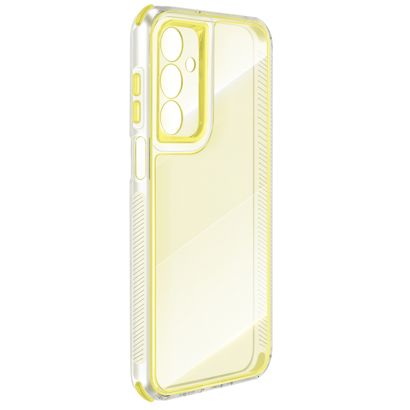 Una custodia trasparente per telefono con dettagli gialli. Presenta fori per fotocamere e pulsanti. La custodia è trasparente con bordi gialli.