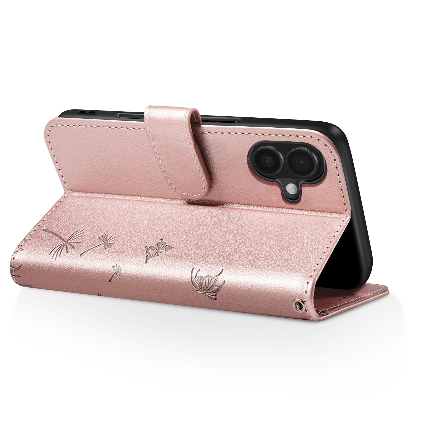 Custodia per telefono rosa con design a farfalla, aperta per rivelare un telefono nero. La custodia ha una chiusura magnetica.