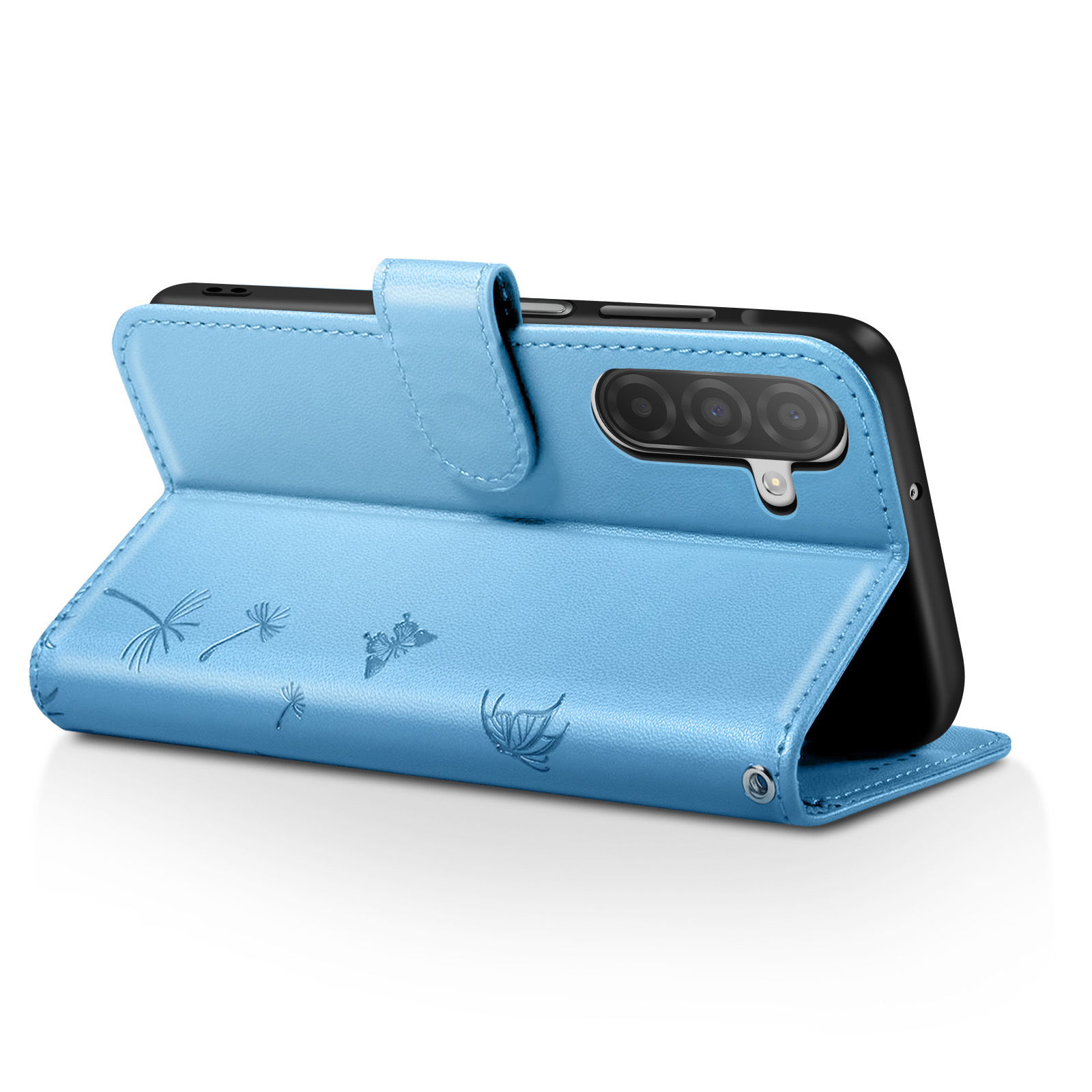 Eine hellblaue Handyhülle mit einem Telefon darin ist geöffnet. Es hat geprägte Schmetterlings- und Blumendesigns.