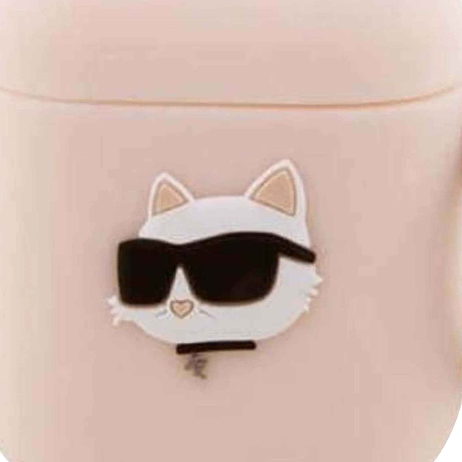 Una funda rosa con una cara de gato blanco con gafas de sol negras y orejas beige.