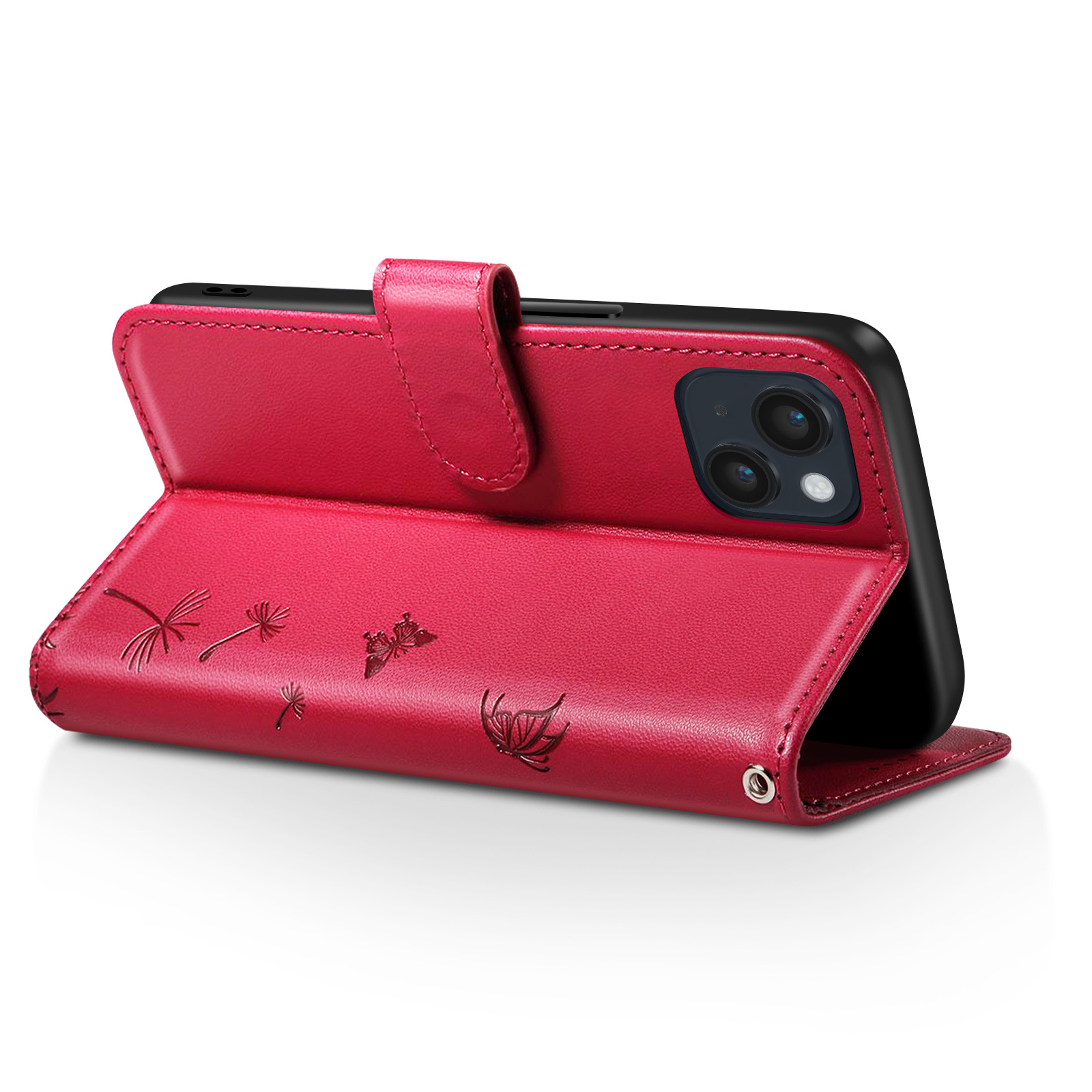 Custodia rossa per telefono con telefono all'interno. La custodia ha un motivo floreale e chiusura magnetica.