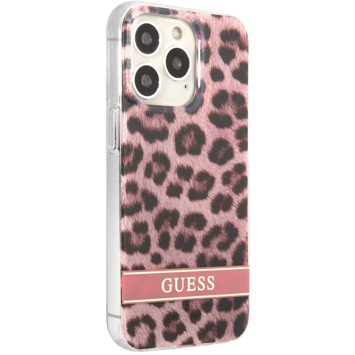 Custodia per telefono rosa con stampa leopardata e logo Guess. Bordi trasparenti e lenti della fotocamera visibili.