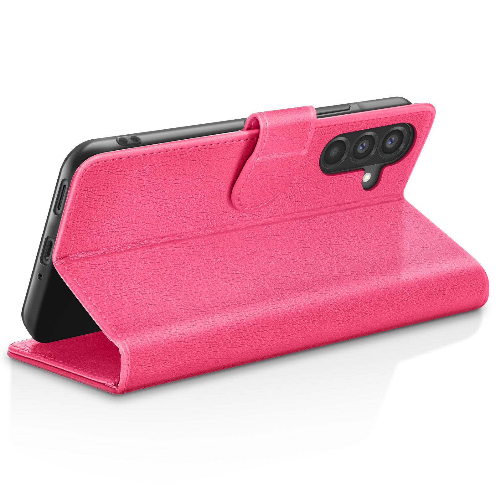 Een roze telefoonhoesje is open en toont de telefoon. De hoes heeft een gestructureerd oppervlak.