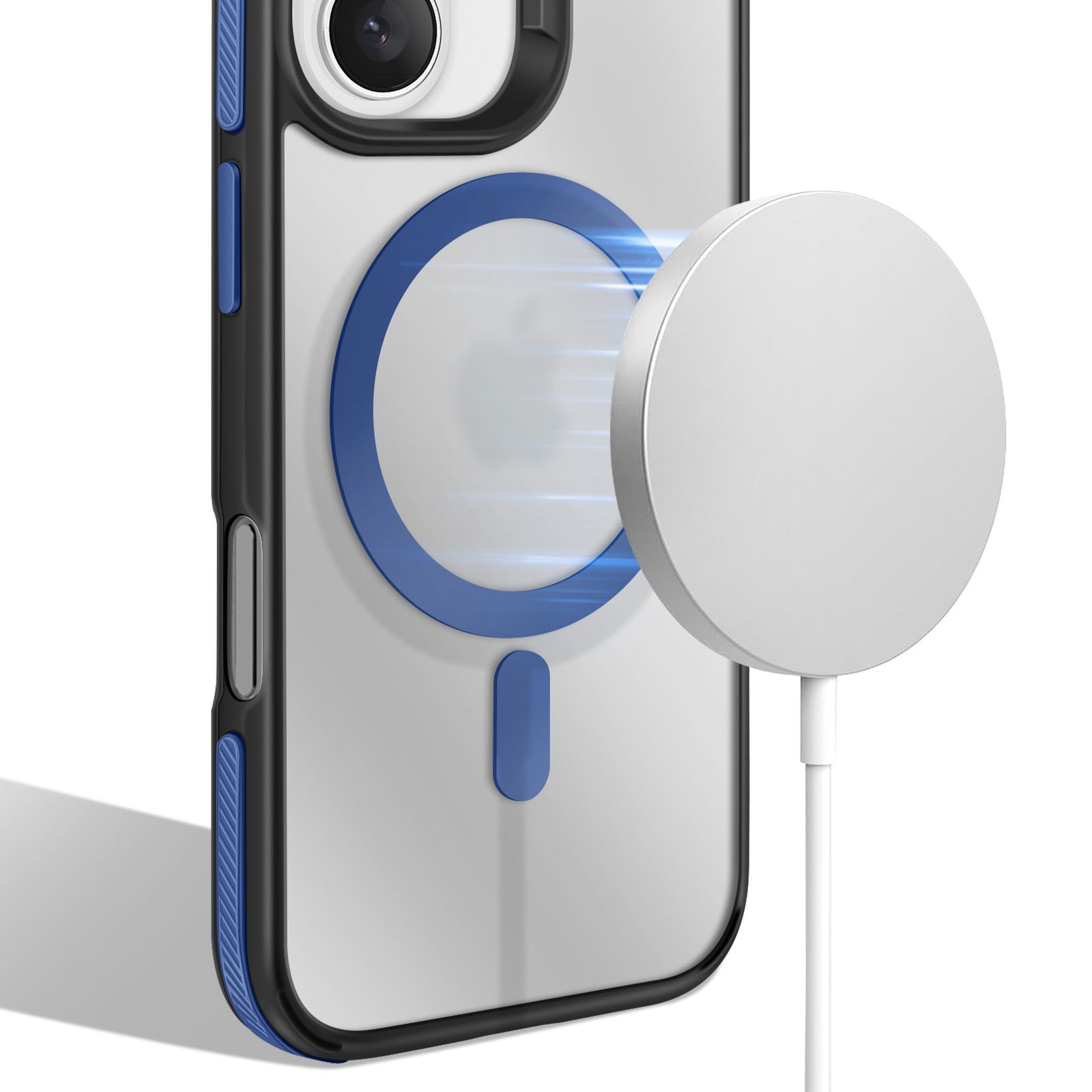Una custodia per telefono con cerchio blu, un caricatore bianco e un telefono con fotocamera su sfondo bianco.