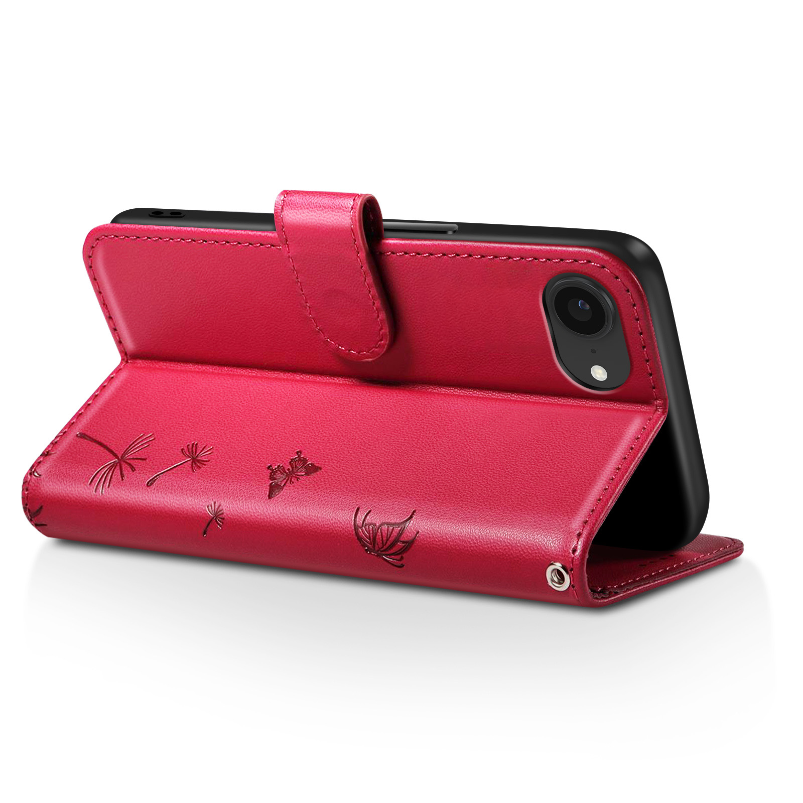 Custodia rossa per telefono con telefono all'interno, disegni floreali e chiusura magnetica. La custodia è aperta.