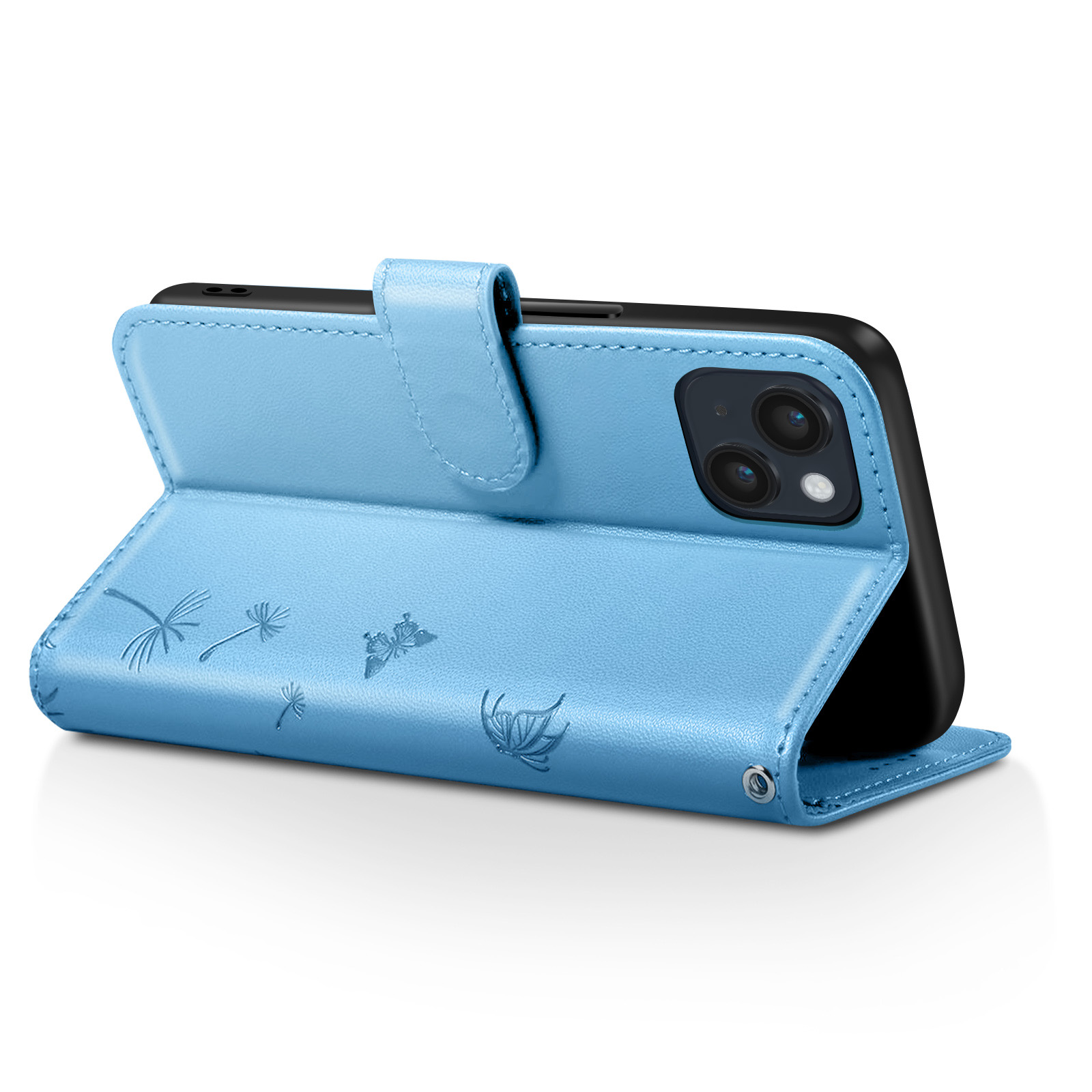 Custodia blu per telefono con telefono all'interno. La custodia ha stampe di farfalle e denti di leone.