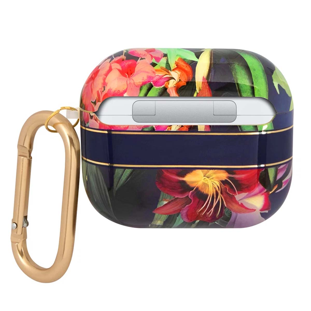 Estuche para AirPods con un patrón floral, con flores rojas, naranjas y amarillas sobre un fondo azul oscuro. Hay un mosquetón dorado.