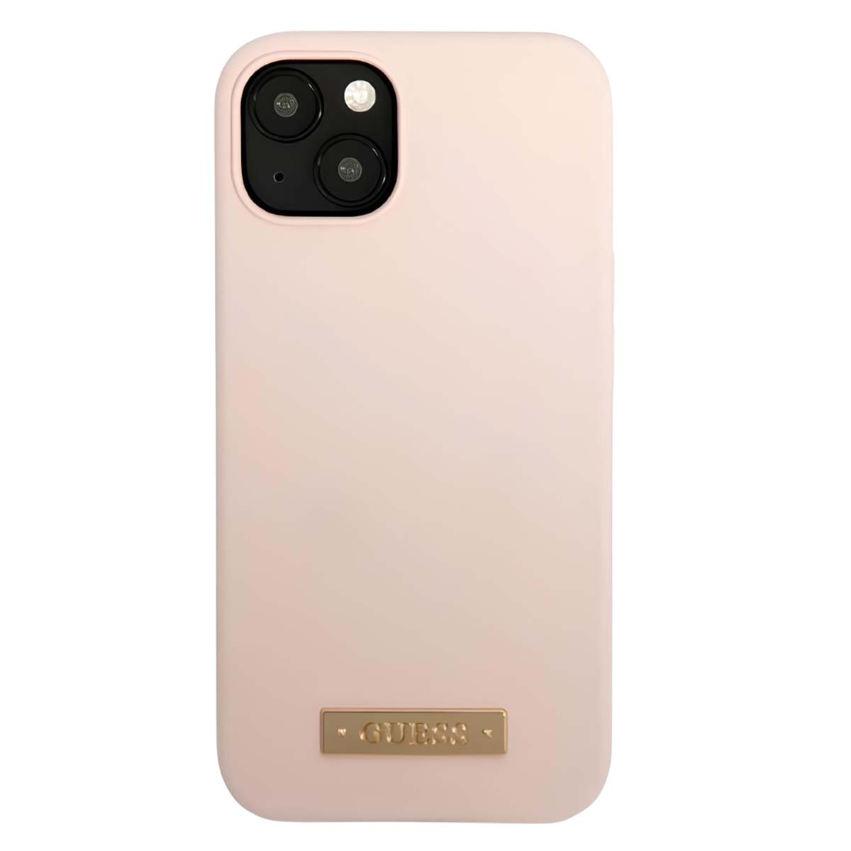 Una custodia per telefono rosa chiaro con modulo fotocamera nero e logo 'GUESS' dorato in basso.