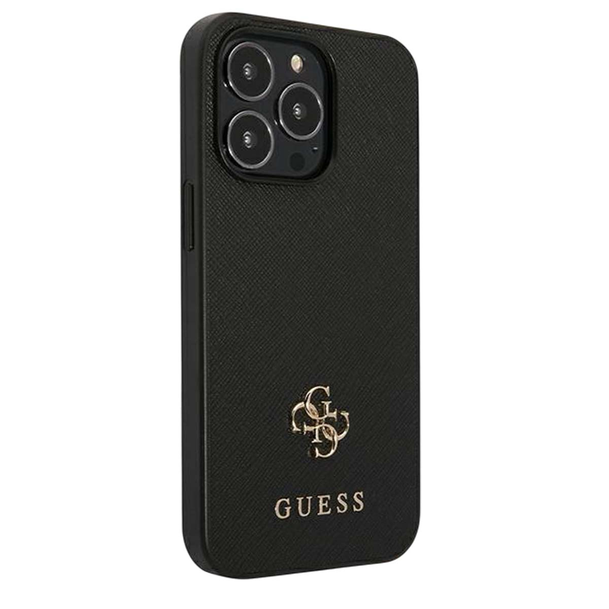 Una custodia nera per telefono con logo Guess. La custodia ha una superficie strutturata e ritagli per la fotocamera. Il logo Guess è dorato.