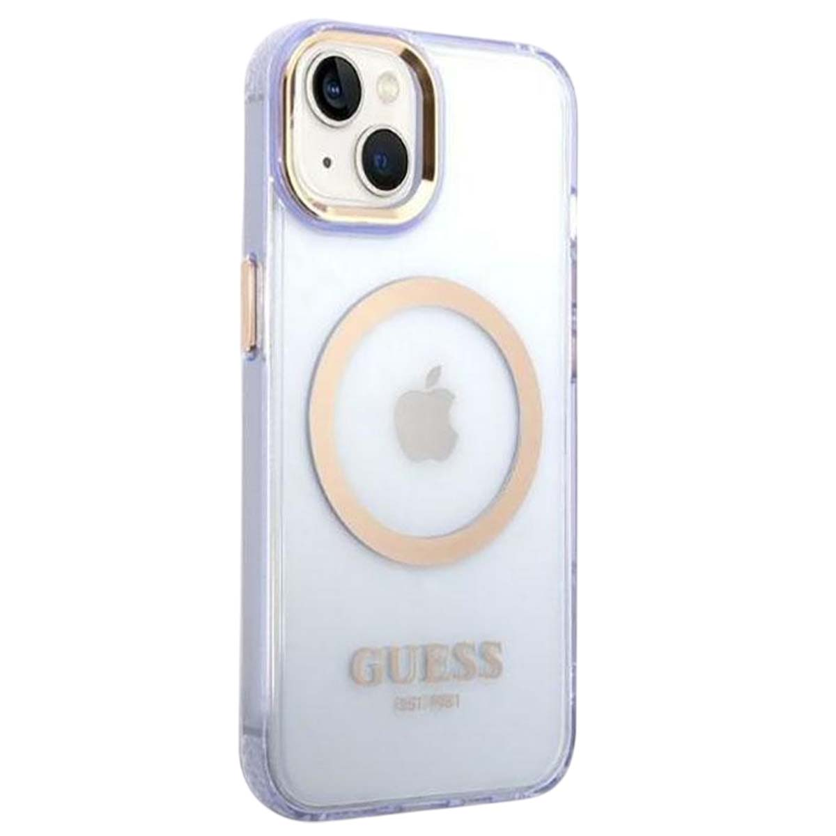 Custodia trasparente per iPhone con dettagli oro. Logo Guess, Apple e zona fotocamera.