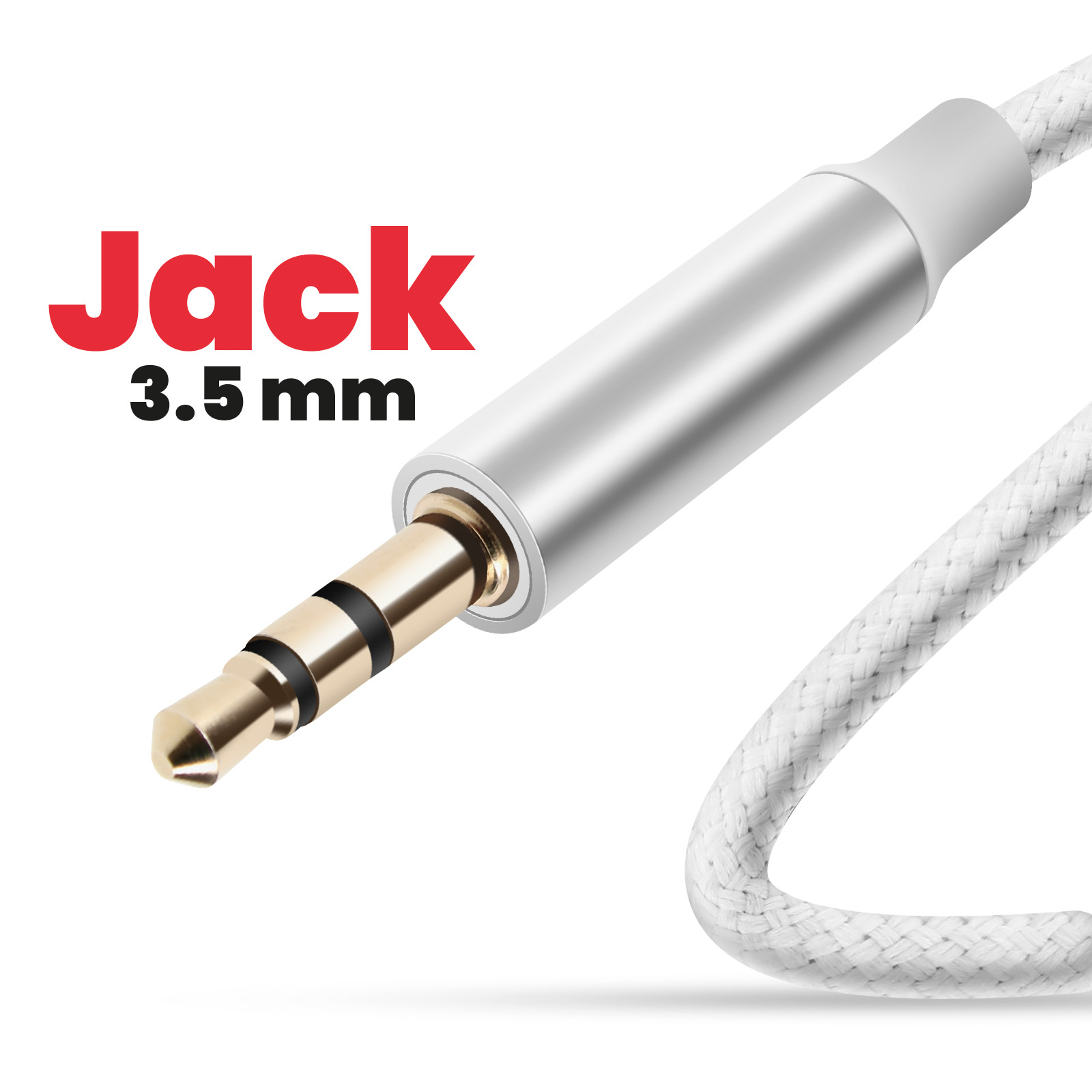 Primo piano di un jack audio da 3,5 mm con cavo intrecciato bianco. Testo: 'Jack 3.5 mm' in rosso e nero.