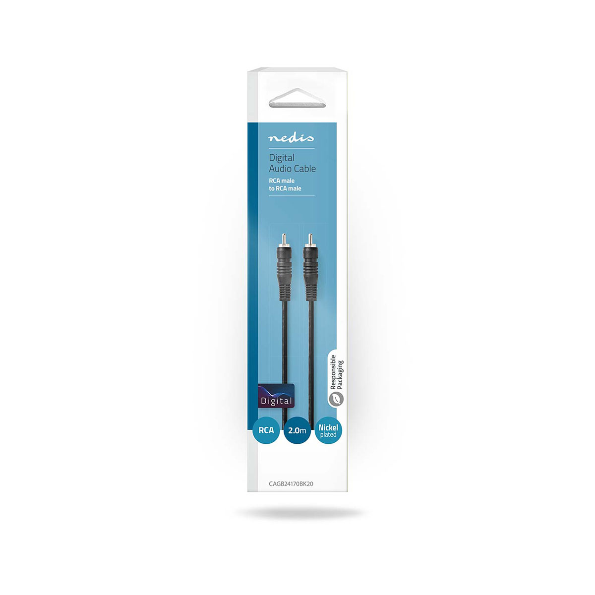 A 'nedis' digital audio cable in its packaging. The package is white with blue accents. The cable is black with RCA connectors.