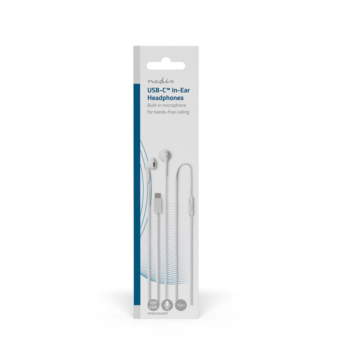 Weiße Nedis USB-C In-Ear-Kopfhörer in Verpackung. Mit Mikrofon, USB-C-Anschluss und 1,2 m Kabel. Freisprechen.