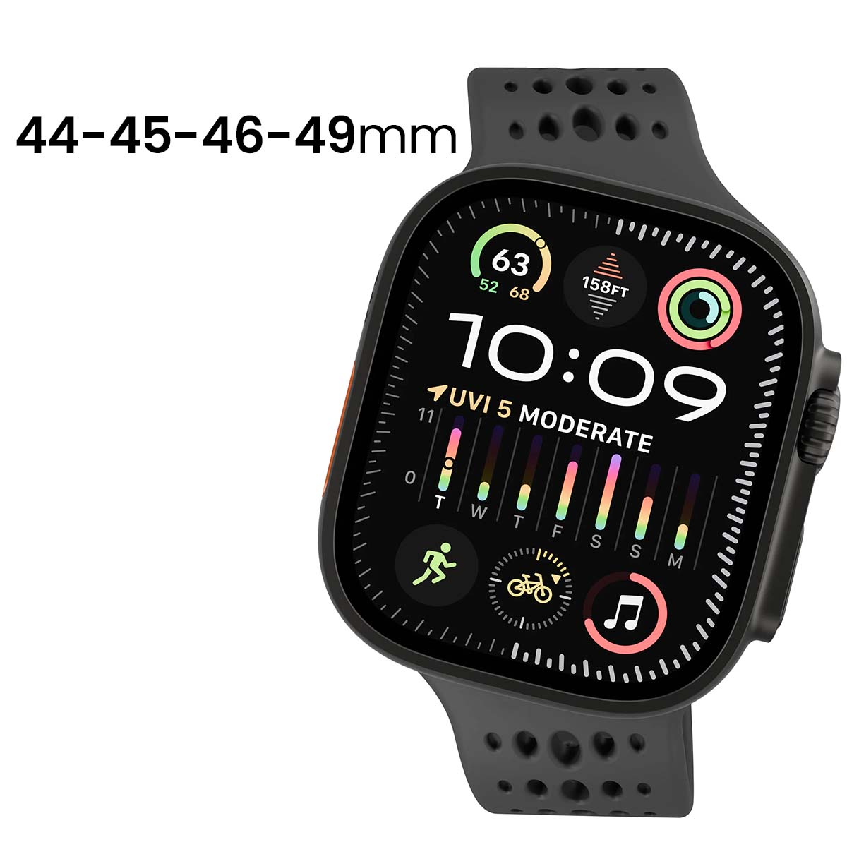 Smartwatch nero mostra l'ora e le metriche di salute. Mostra taglie 44-49mm. Lo schermo mostra ora, UV e altri dati sanitari.
