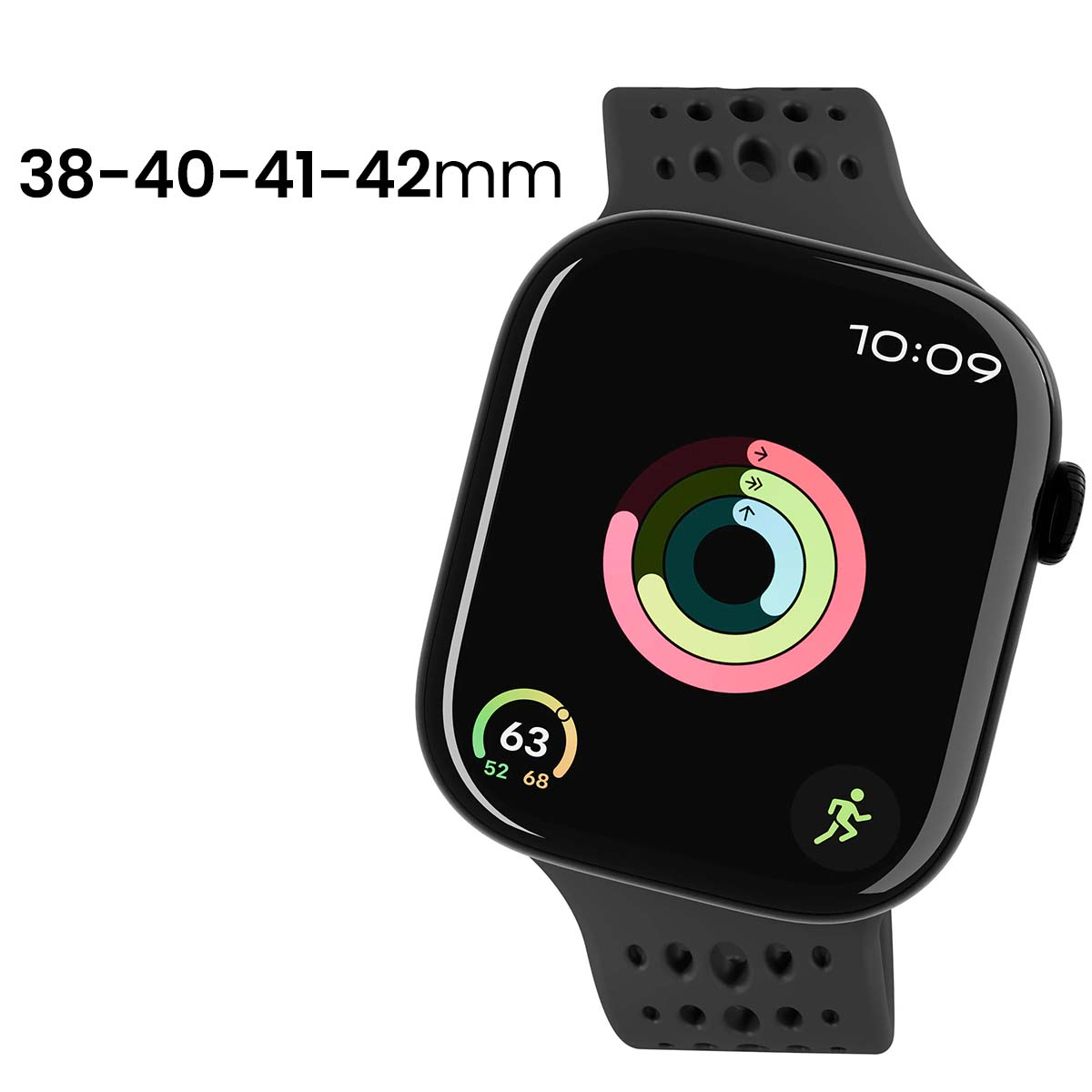Un Apple Watch nero con cinturino nero, che mostra l'ora, anelli di attività e metriche di salute, sfondo bianco.