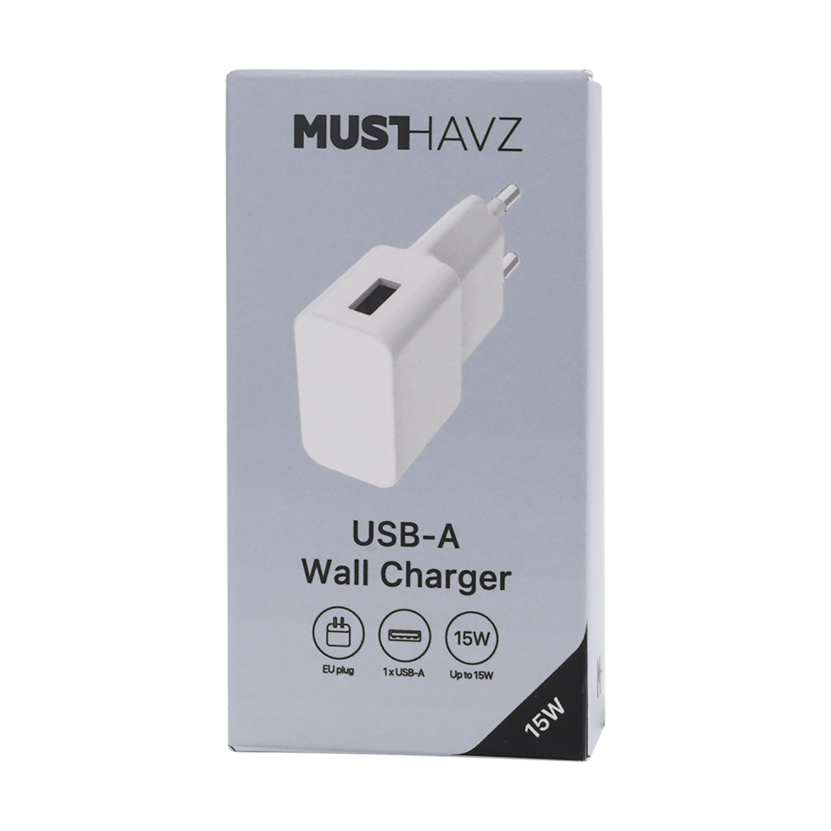 Un caricabatterie da parete USB-A bianco in una scatola. La scatola ha il marchio 'MUSTHAVZ' e il testo che indica che è un caricabatterie da 15W.