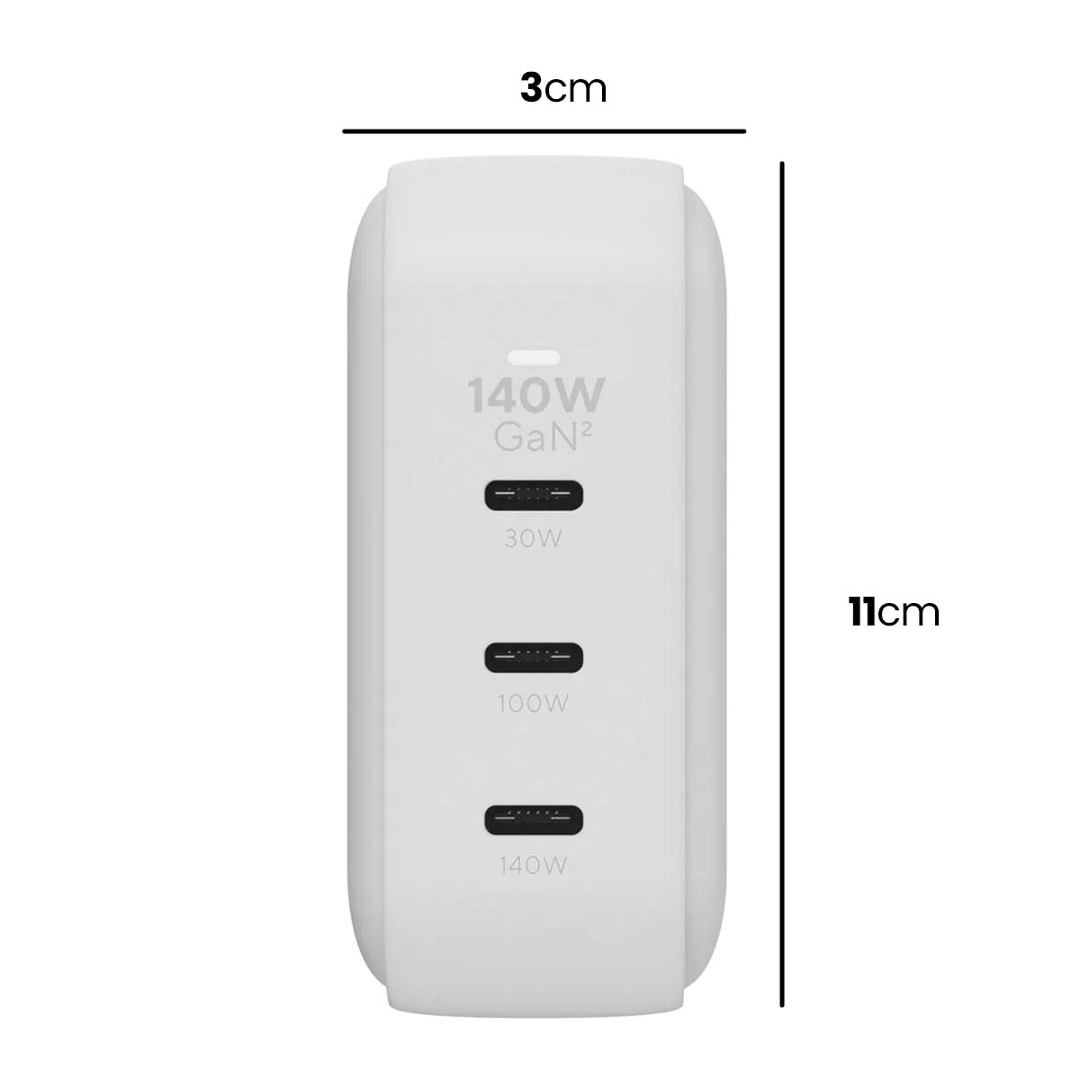Ein weißes Netzteil mit 3 Anschlüssen: 30W, 100W und 140W. Abmessungen sind 3cm x 11cm. Auf dem Adapter steht '140W GaN²'.