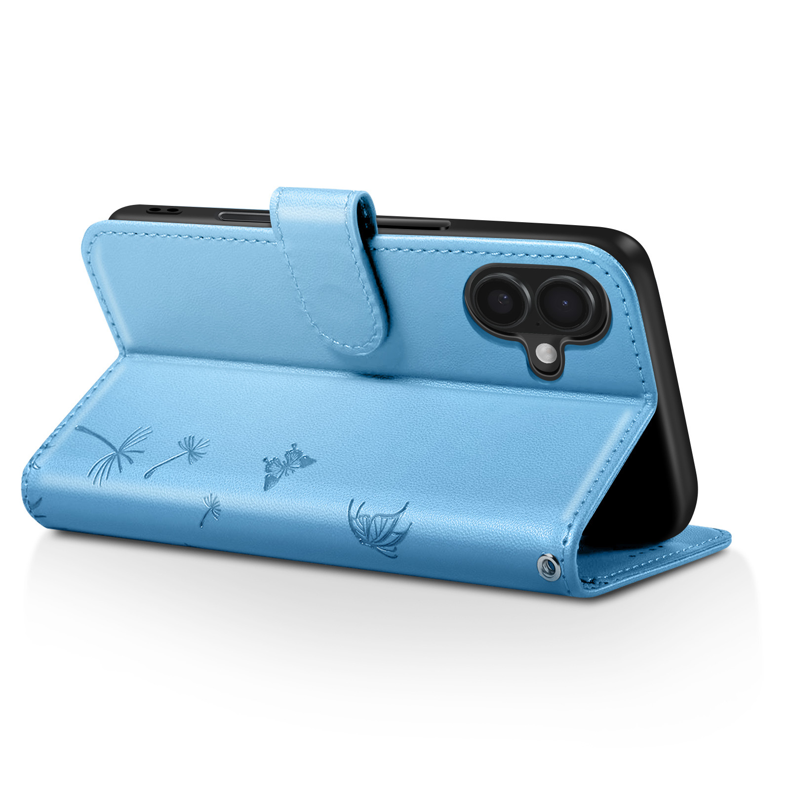 Custodia per telefono azzurra con telefono dentro. Custodia con motivi di soffioni e farfalle.